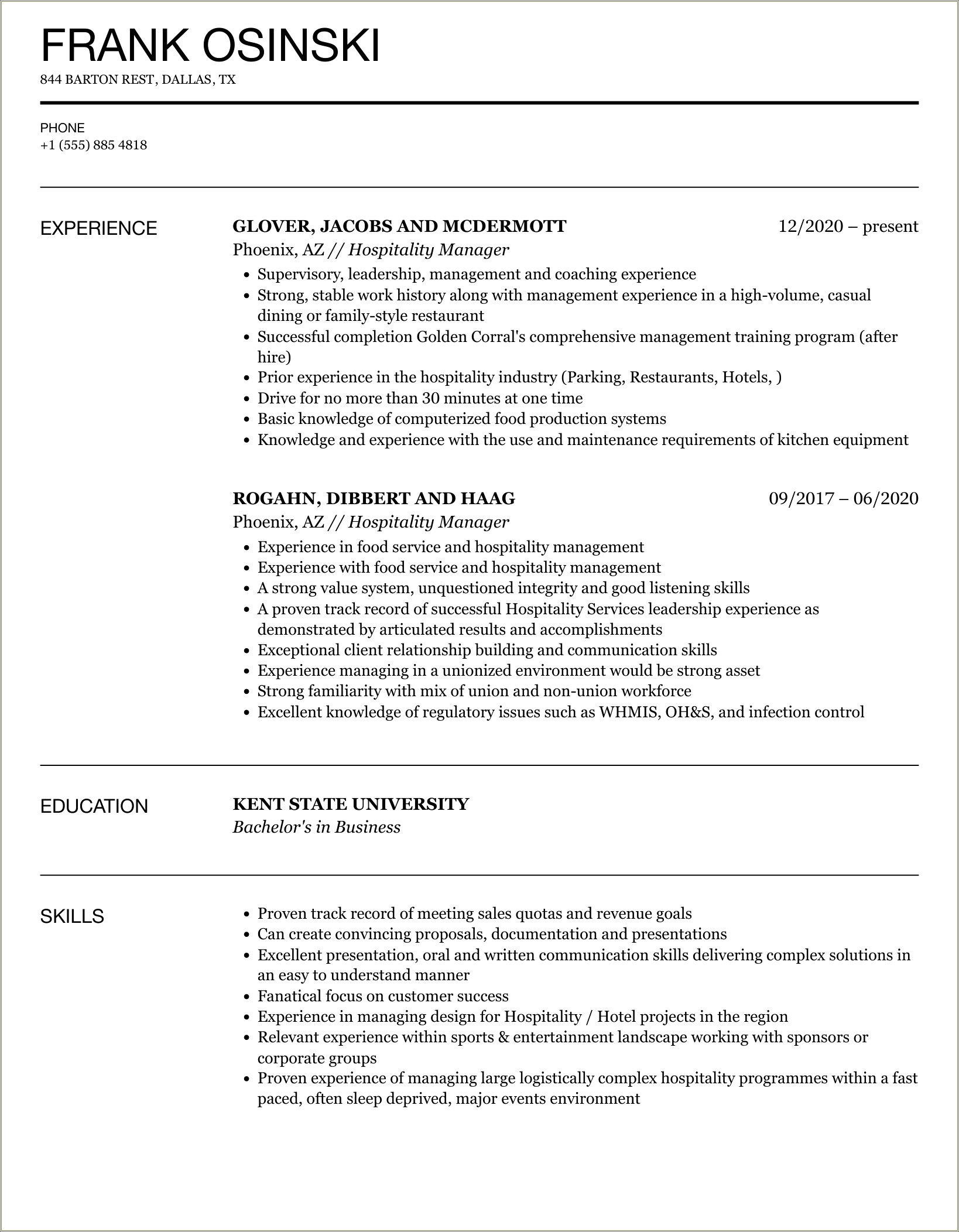 Hotel And Restaurant Management Resume Format