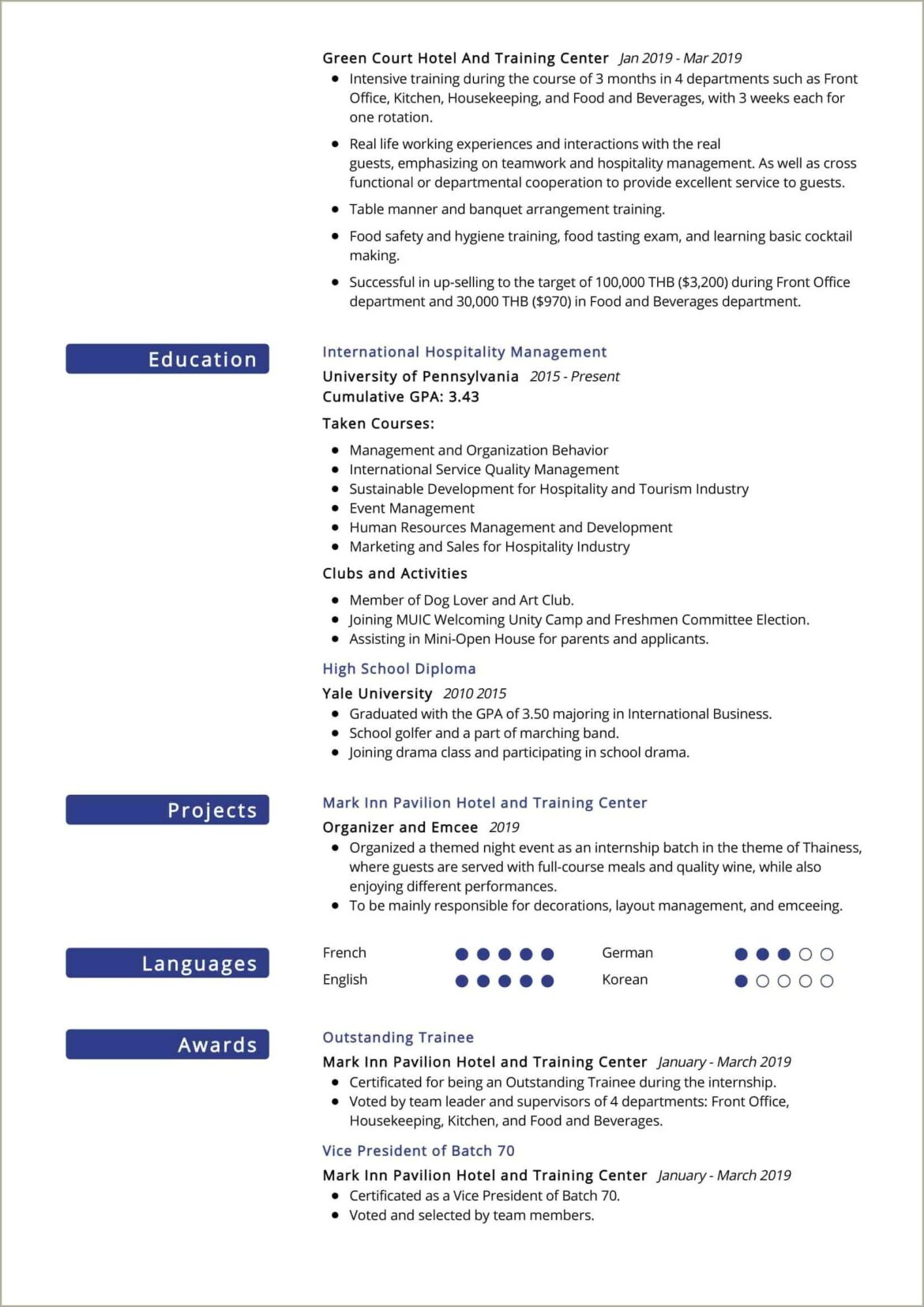 Hotel And Restaurant Management Skills For Resume