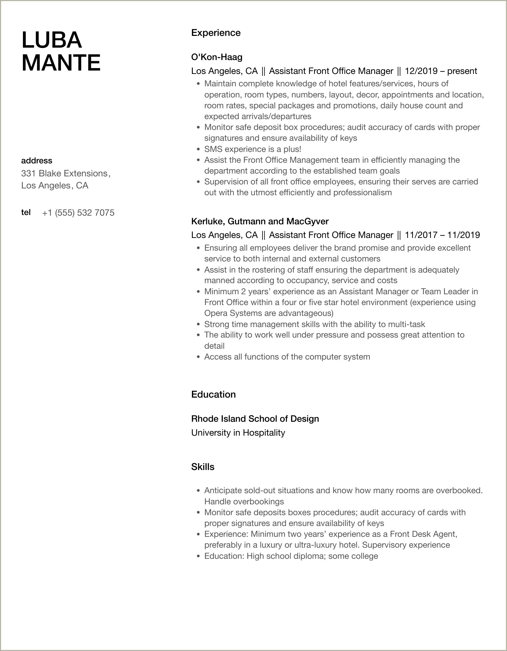Hotel Assistant Front Office Manager Resume Sample