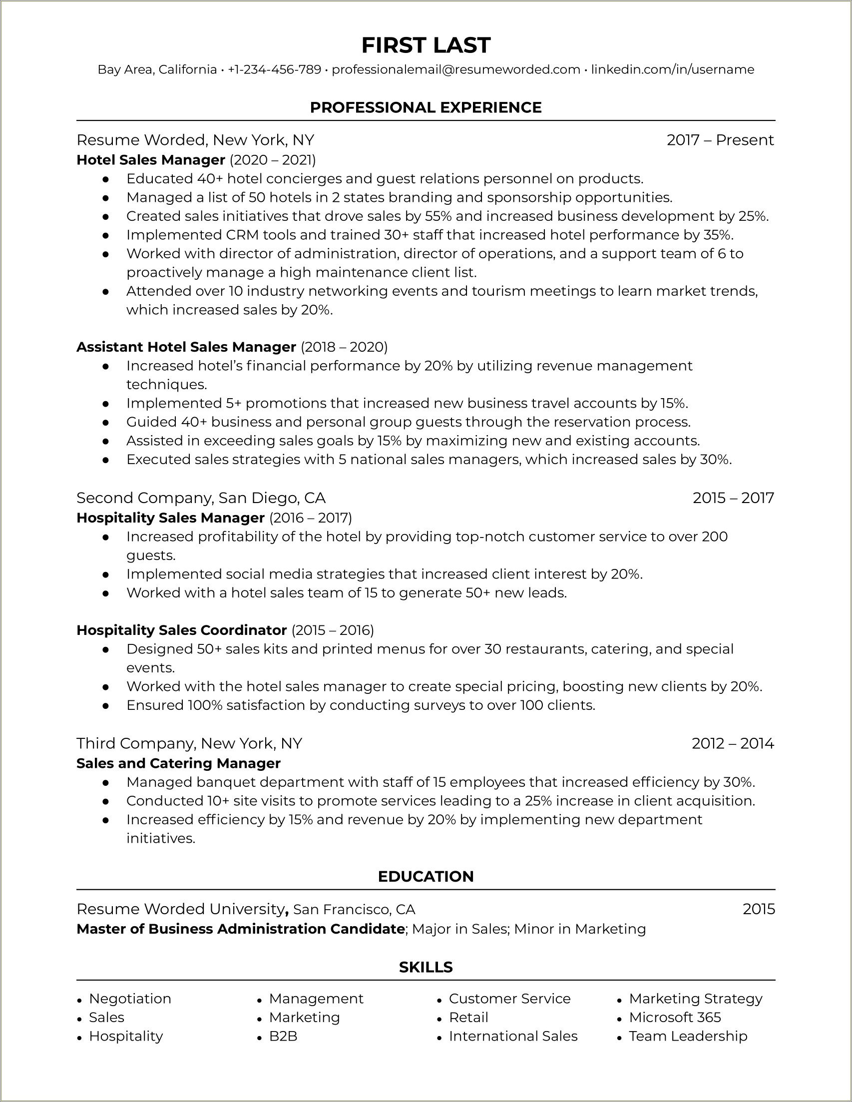 Hotel Assistant General Manager Resume Example