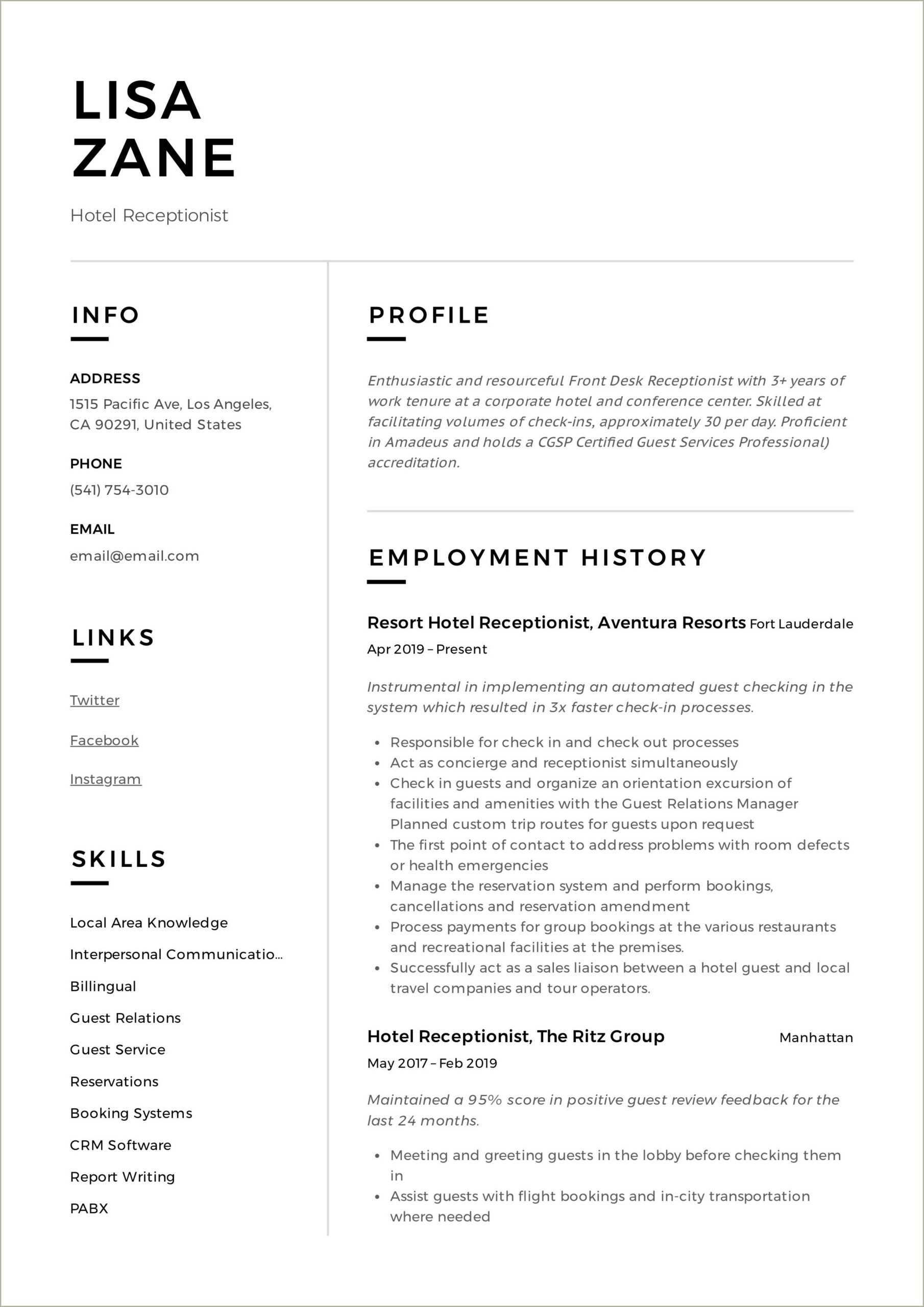 Hotel Assistant Manager Job Description Resume