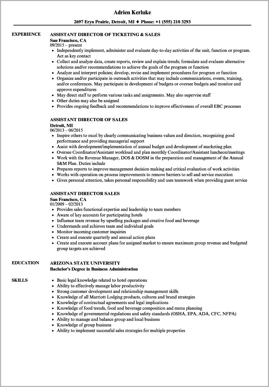 Hotel Assistant Sales Manager Job Description For Resume