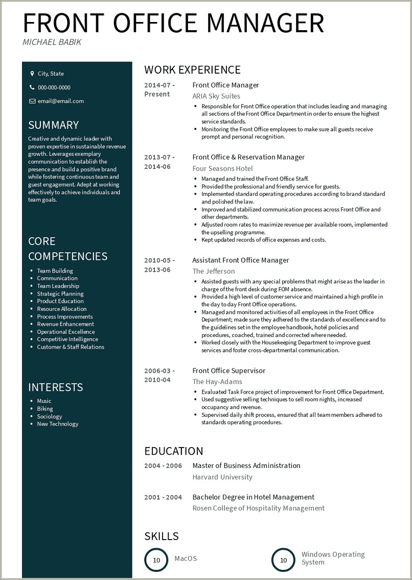 Hotel Asst Front Office Manager Resume