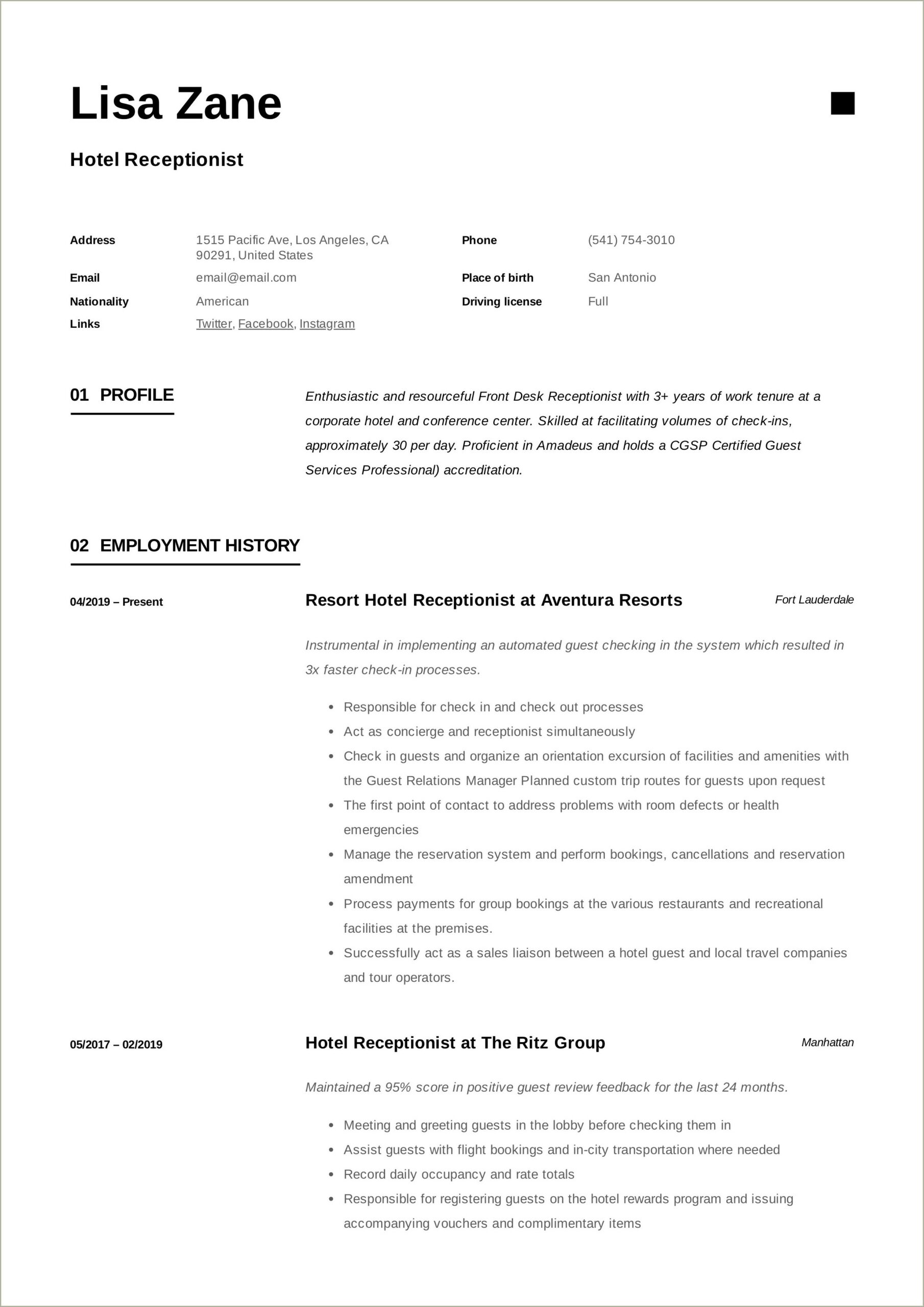 Hotel Breakfast Attendant Front Desk Job Description Resume