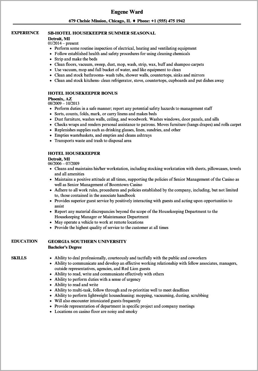 Hotel Cleaner Job Description For Resume