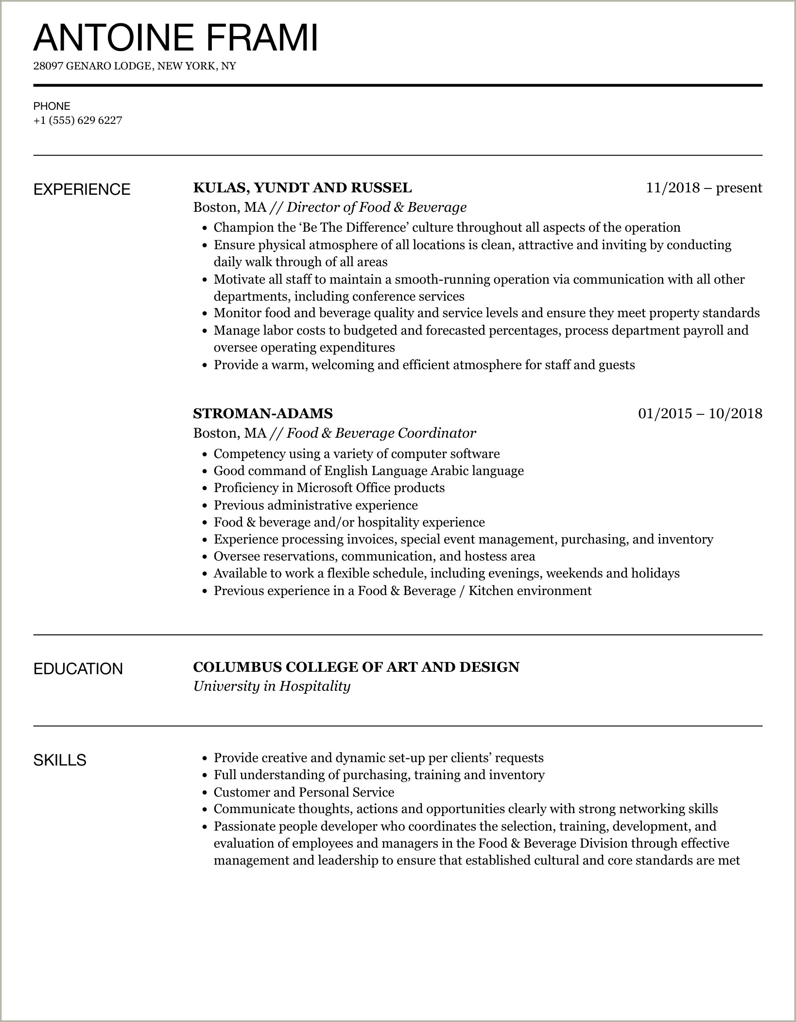 Hotel Food And Beverage Job Description Resume