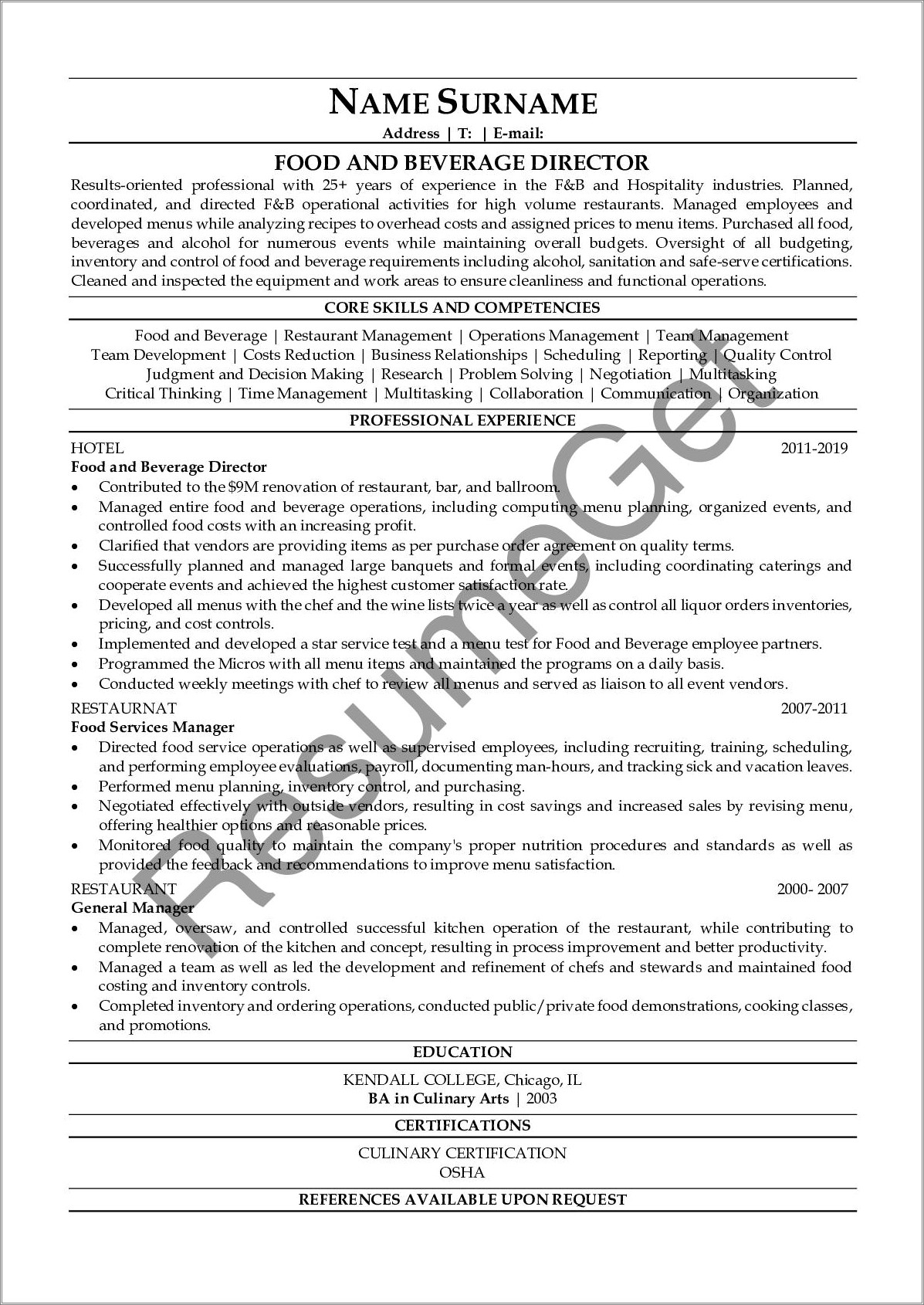 Hotel Food And Beverage Manager Resume