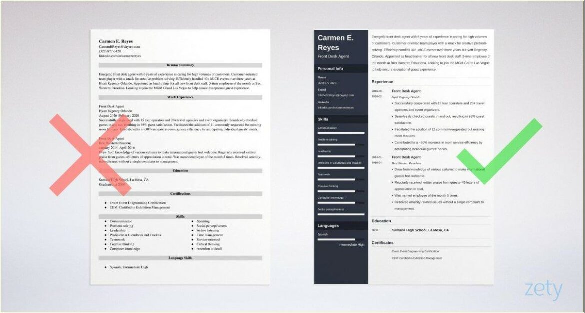 Hotel Front Desk Agent Resume Example