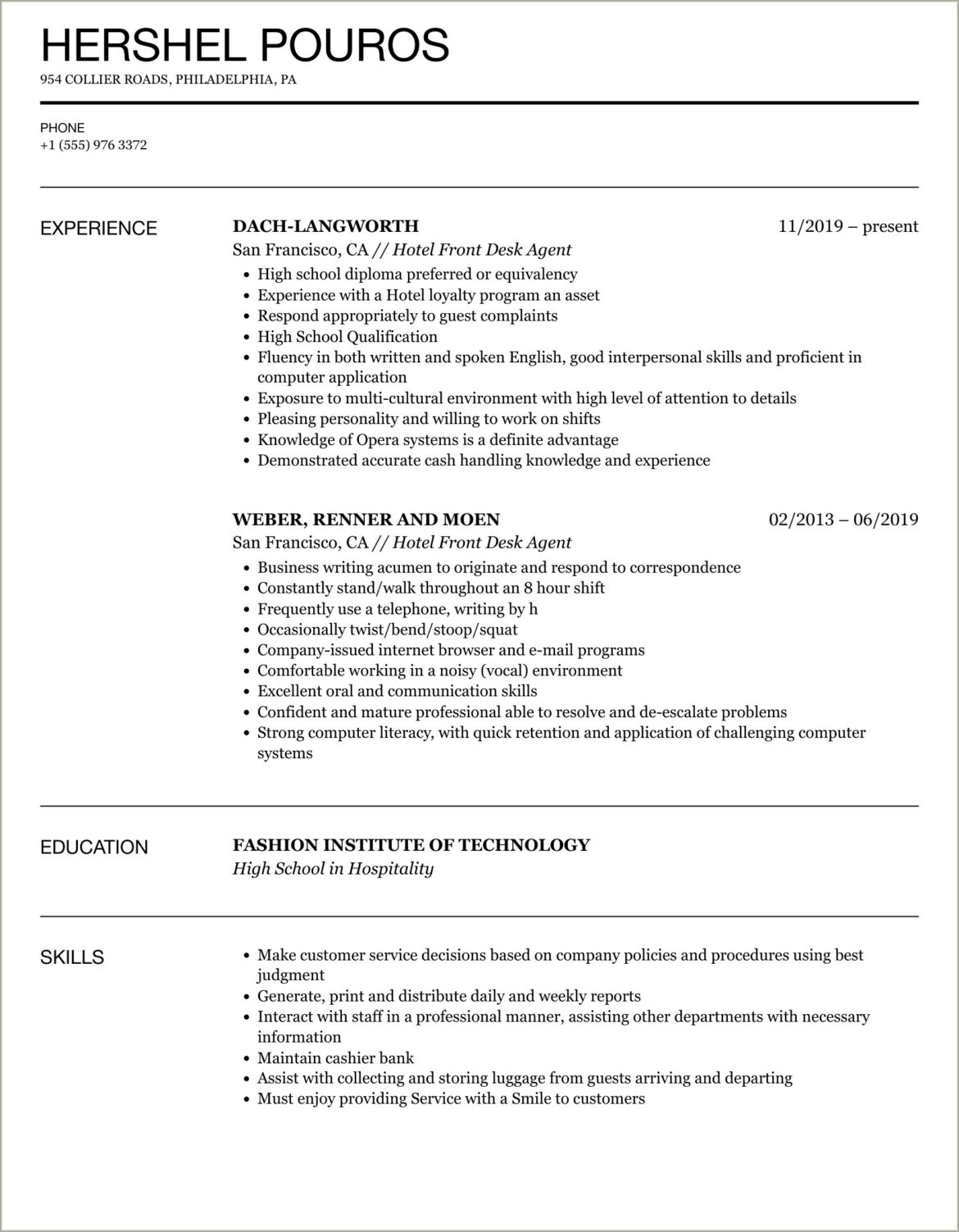 Hotel Front Desk Agent Resume Samples Jobherojobhero