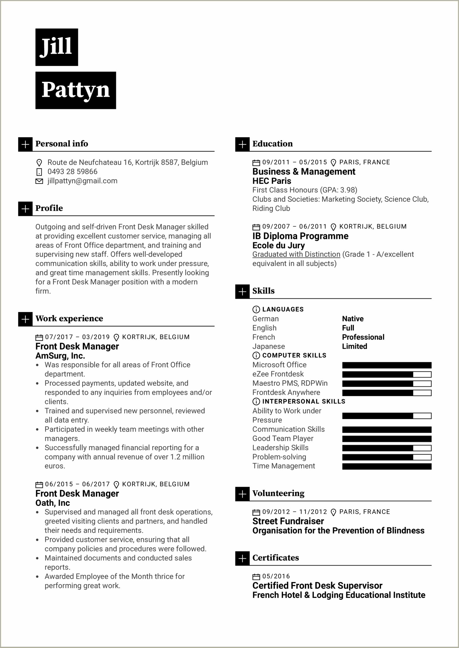 Hotel Front Desk Manager Resume Examples