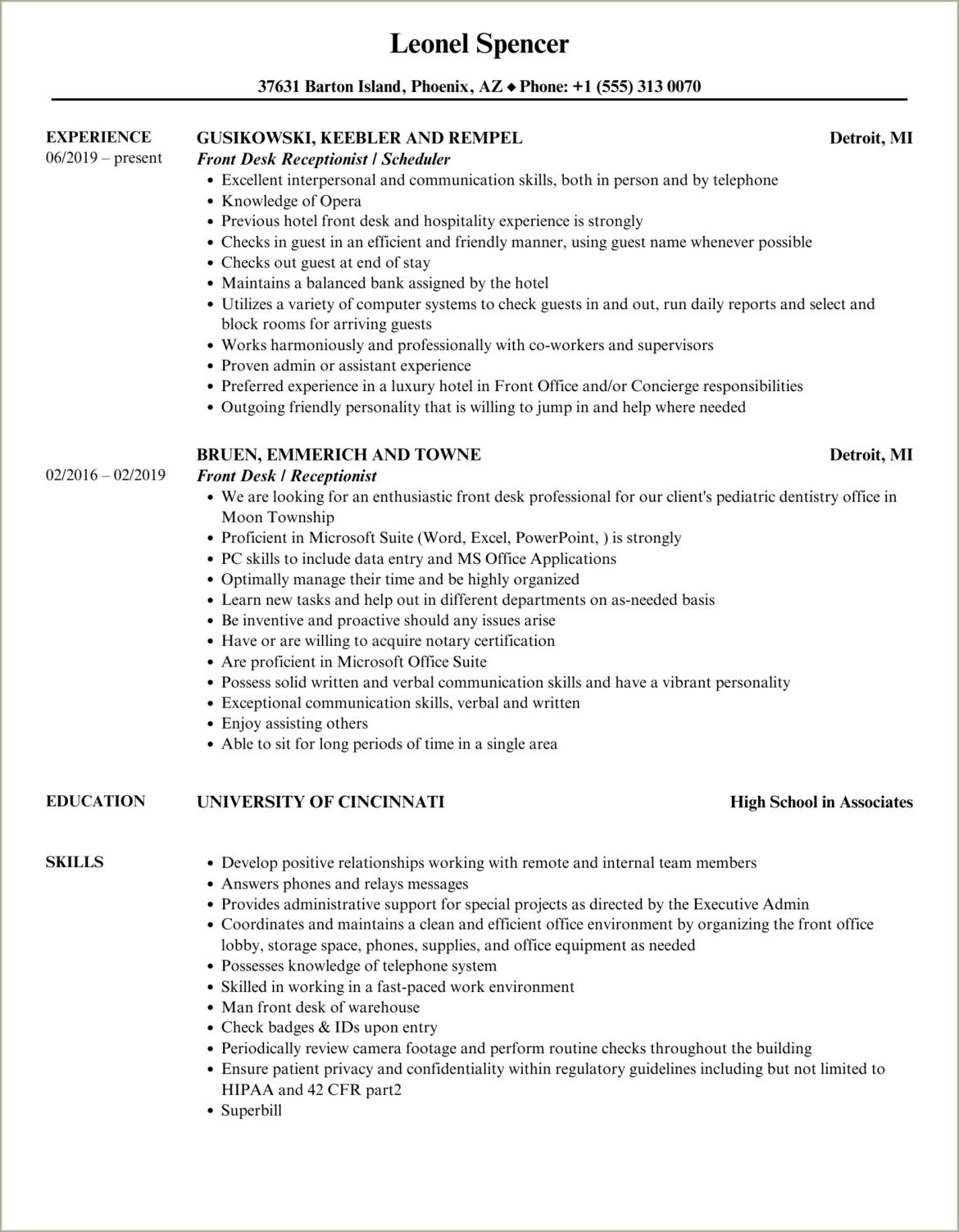 Hotel Front Desk Receptionist Resume Summary