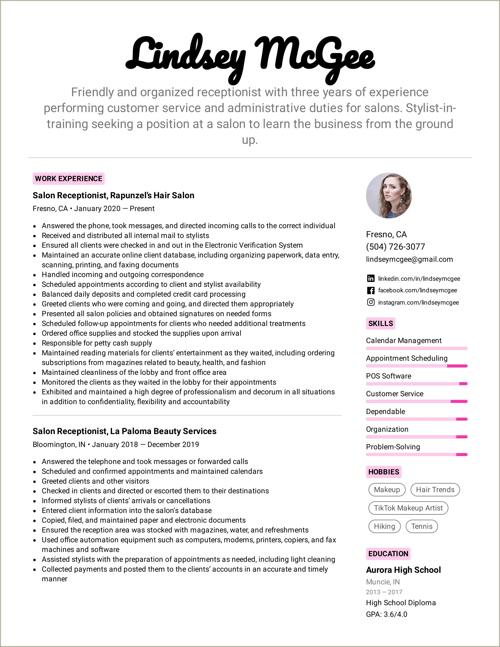 Hotel Front Desk Receptionist Sample Resume