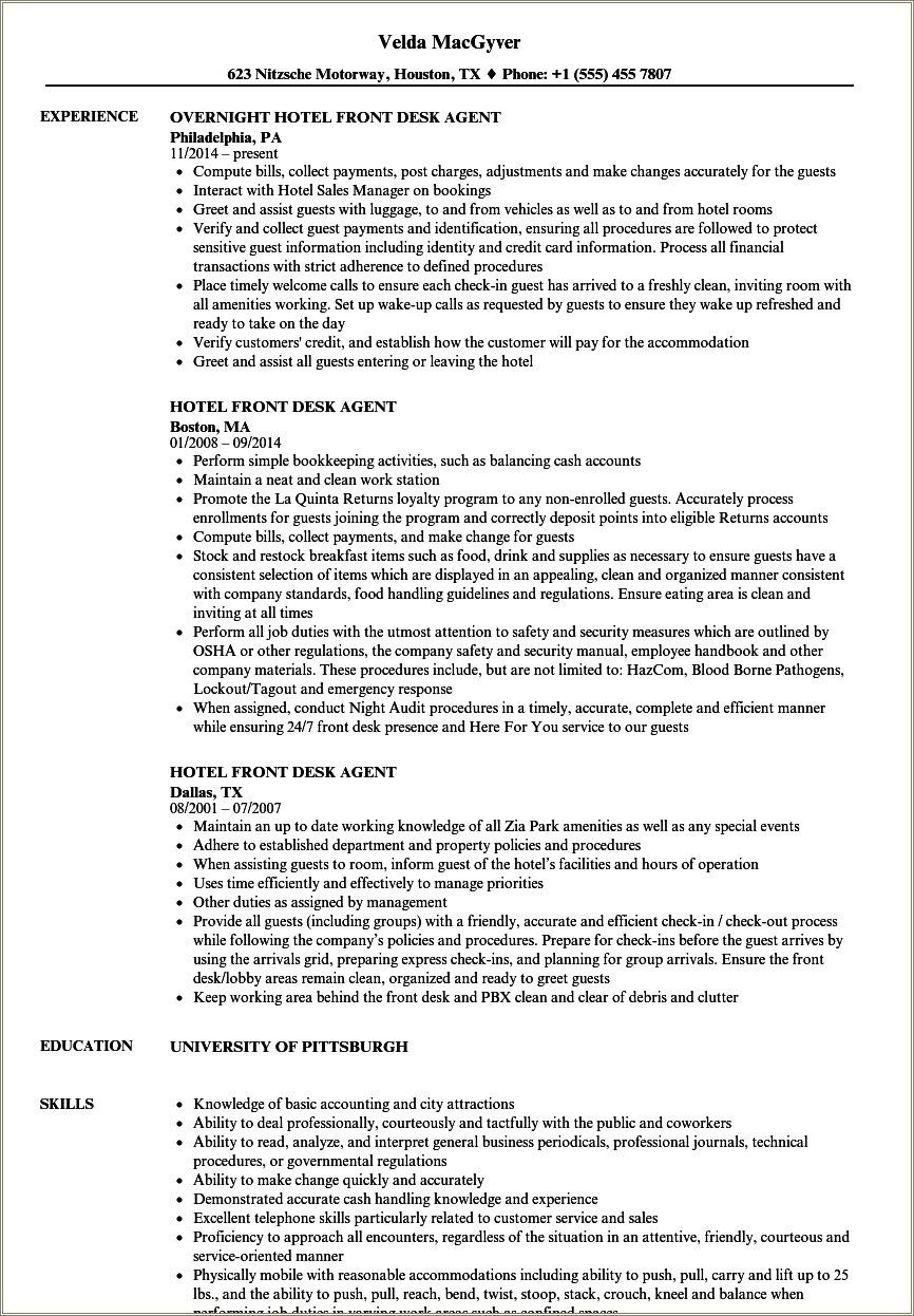 Hotel Front Desk Supervisor Job Description Resume