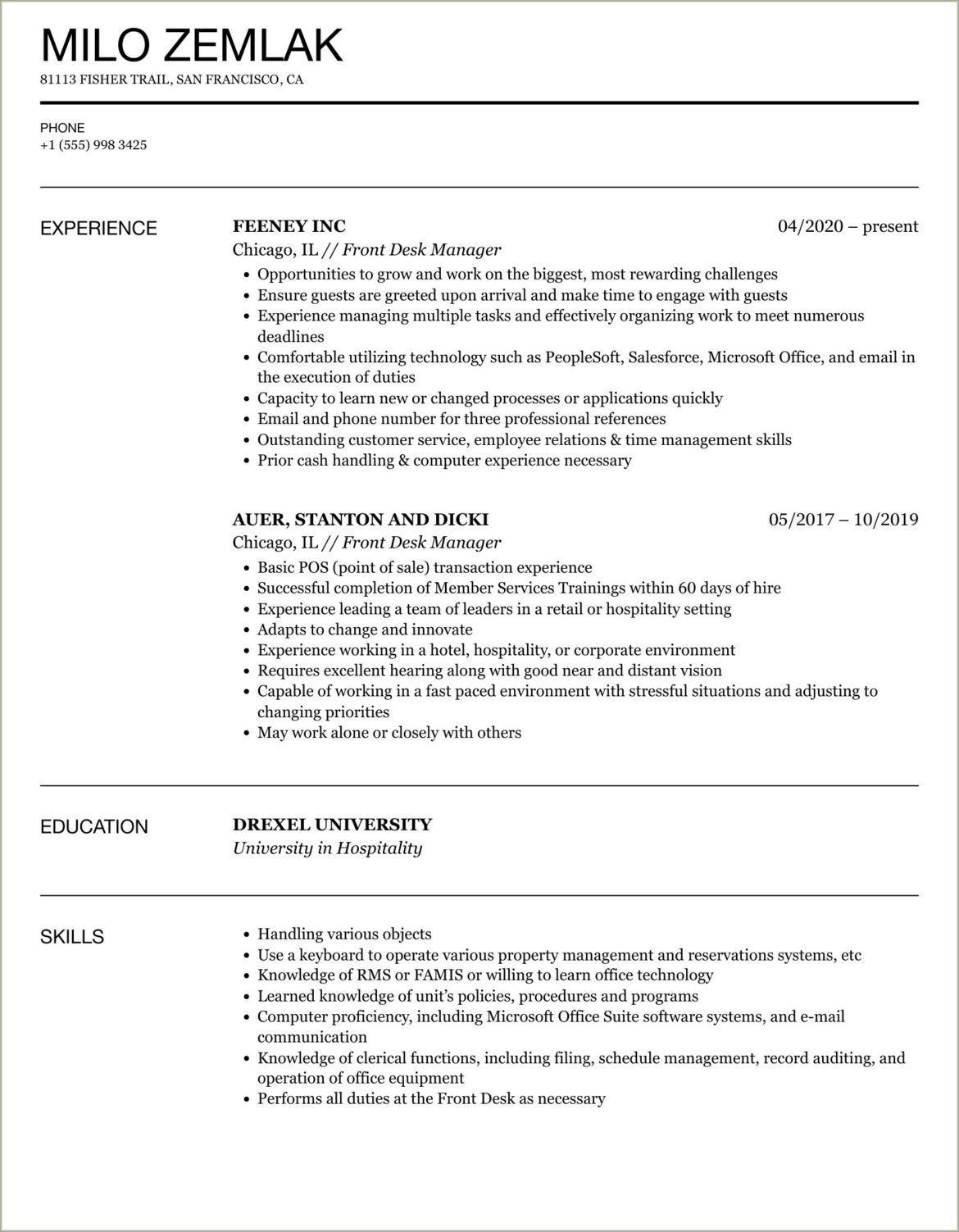 Hotel Front Desk Supervisor Resume Sample