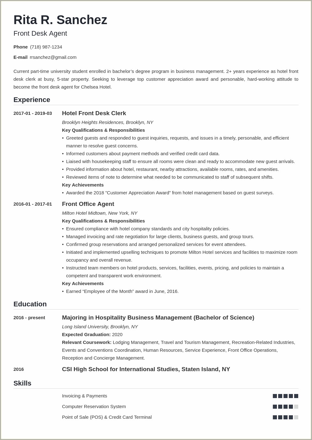 Hotel Front Office Assistant Resume Sample