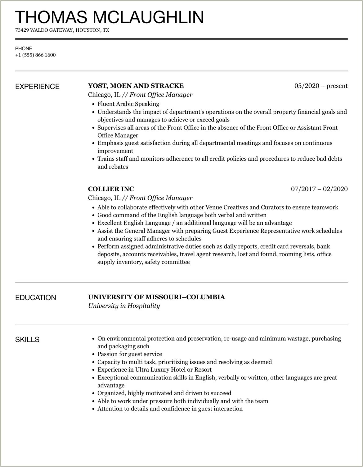 Hotel Front Office Manager Resume Objective