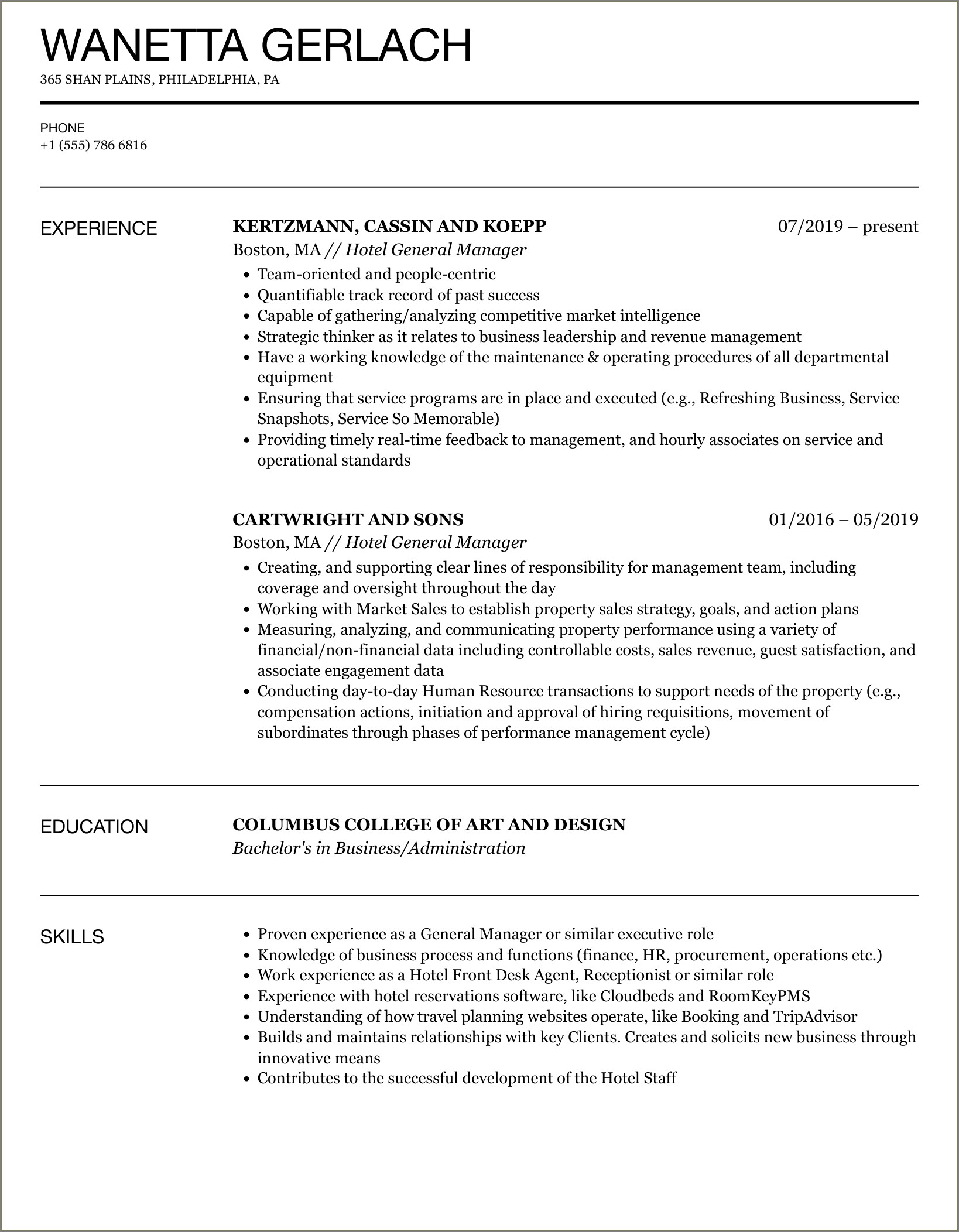 Hotel General Manager Job Description Resume
