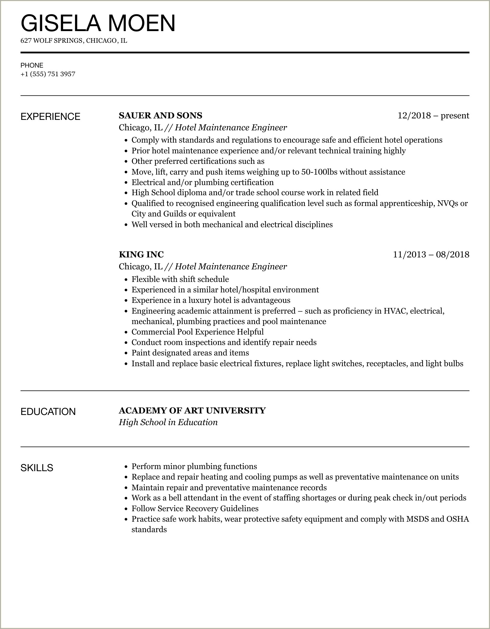 Hotel Maintenance Job Description For Resume