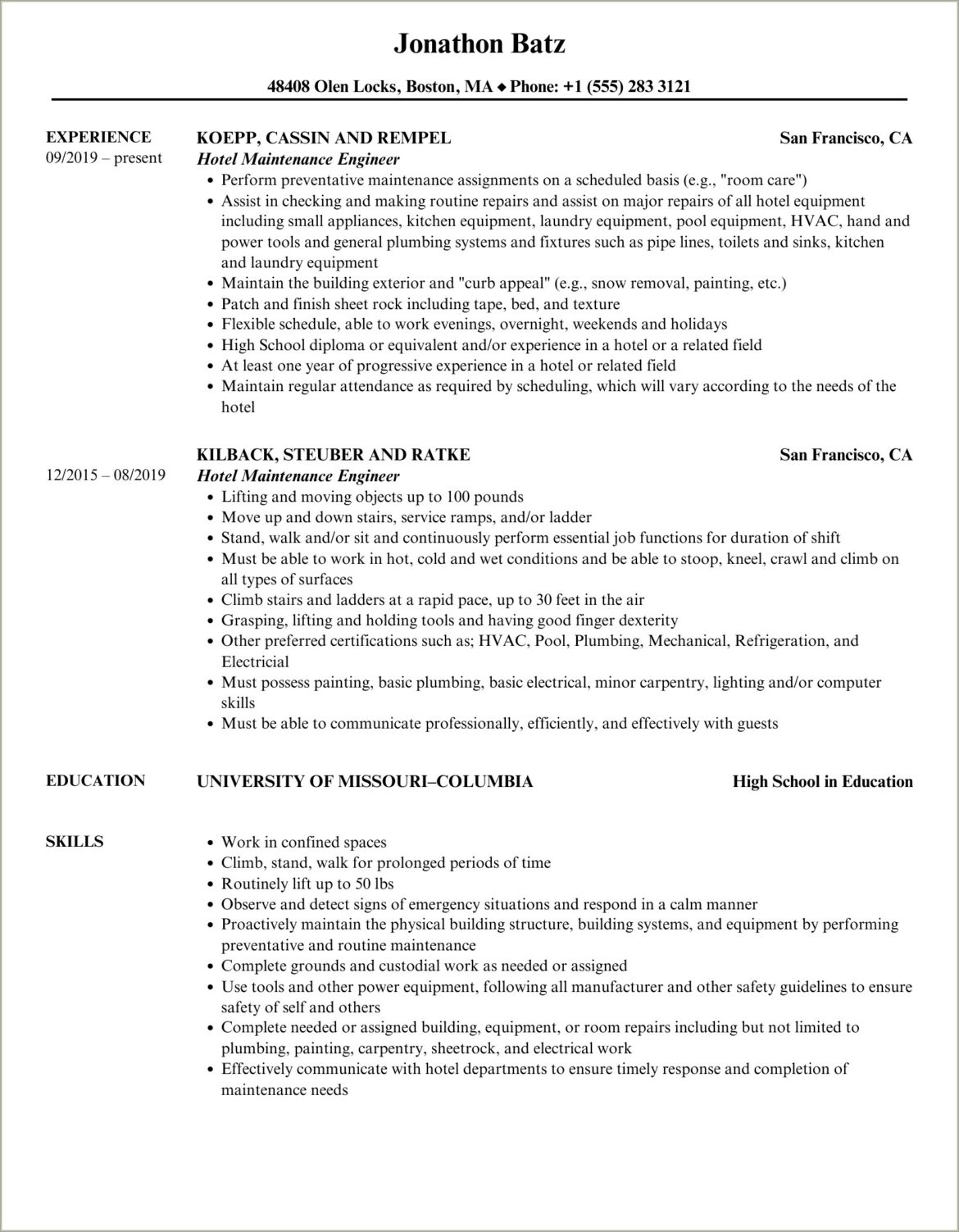 Hotel Maintenance Technician Job Description Resume