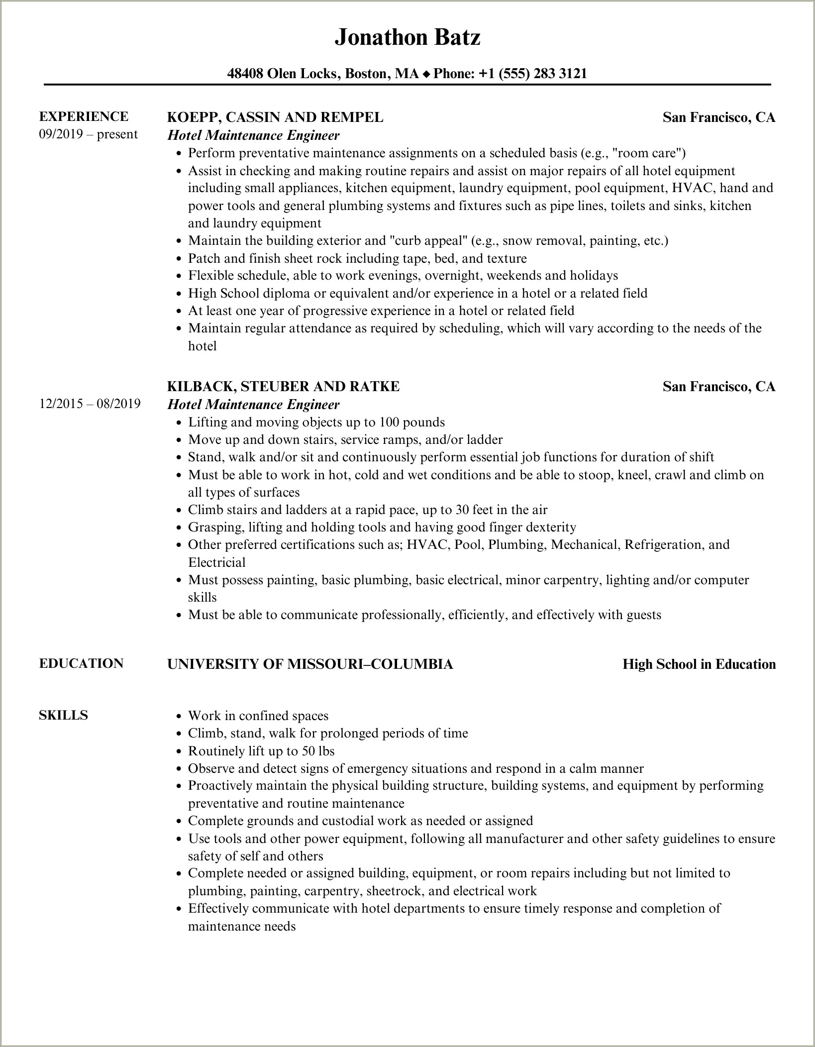 Hotel Maintenance Technician Job Description Resume