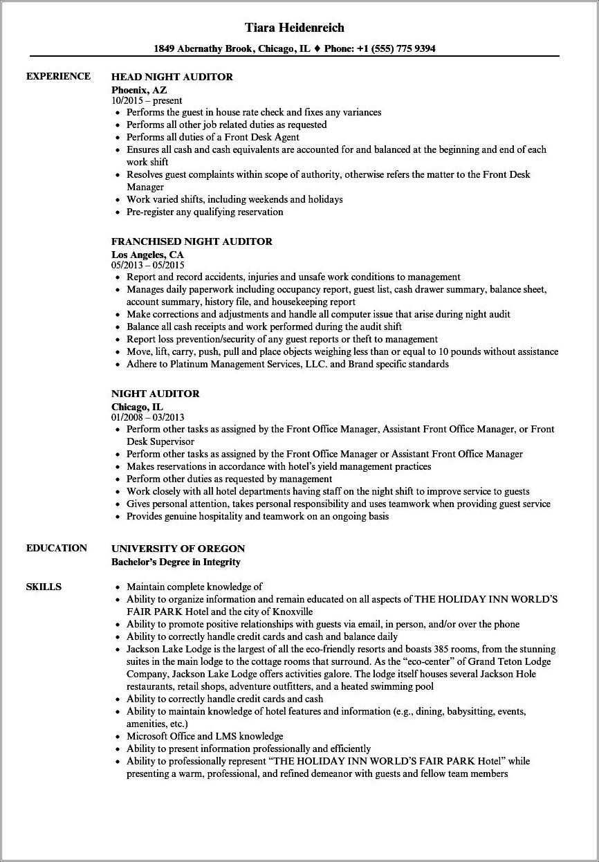 Hotel Night Auditor Job Description Resume