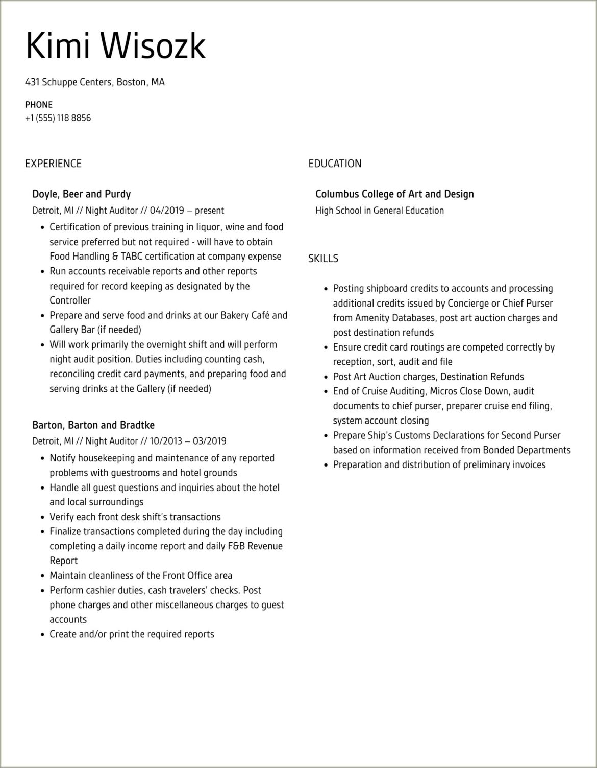 Hotel Night Auditor Resume No Experience