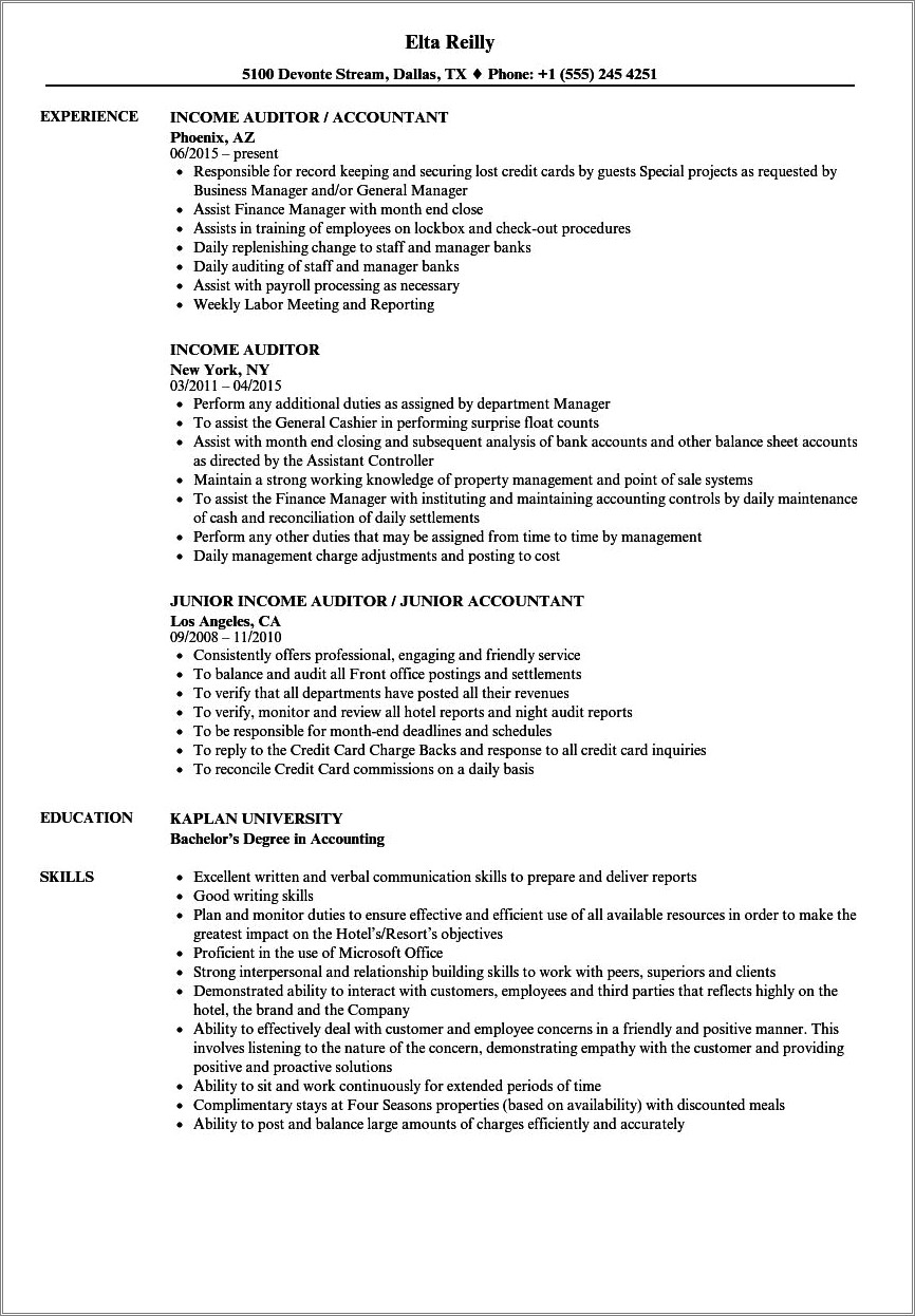 Hotel Night Auditor Resume With No Experience