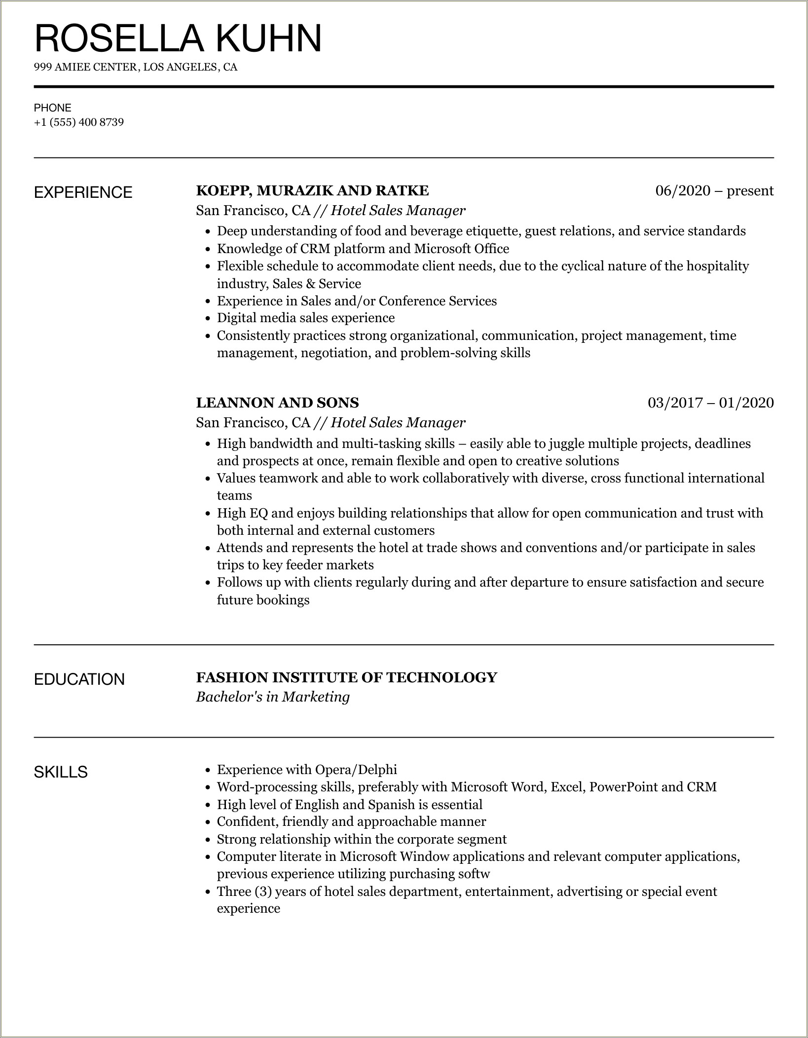Hotel Sales And Marketing Manager Resume Sample