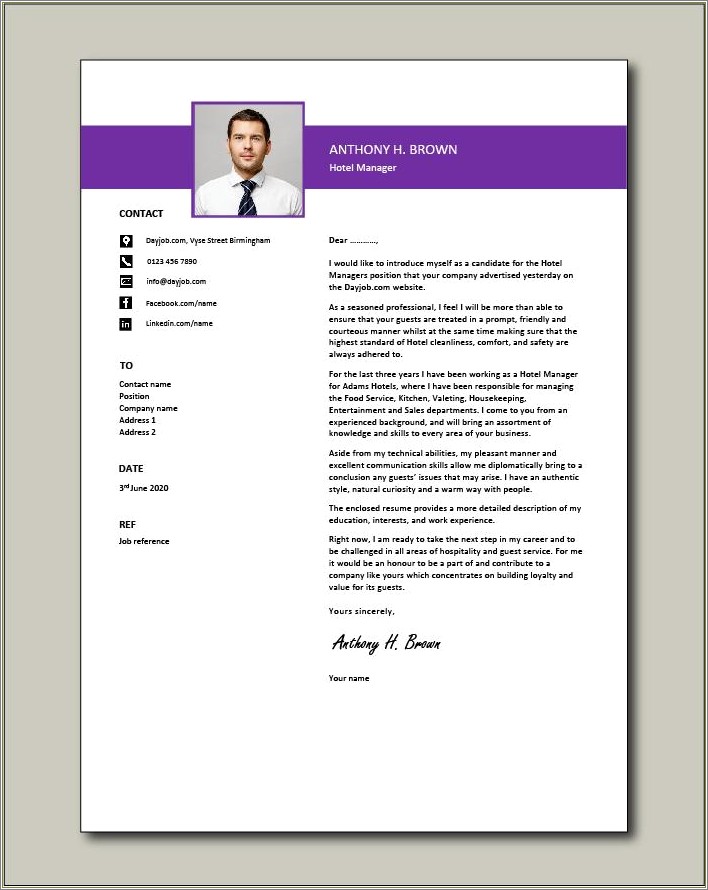 Hotel Sales Manager Resume Cover Letter