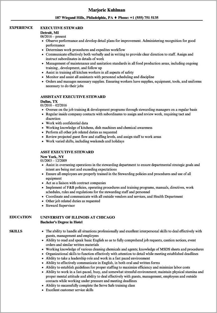 Hotel Steward Job Duties For Resume