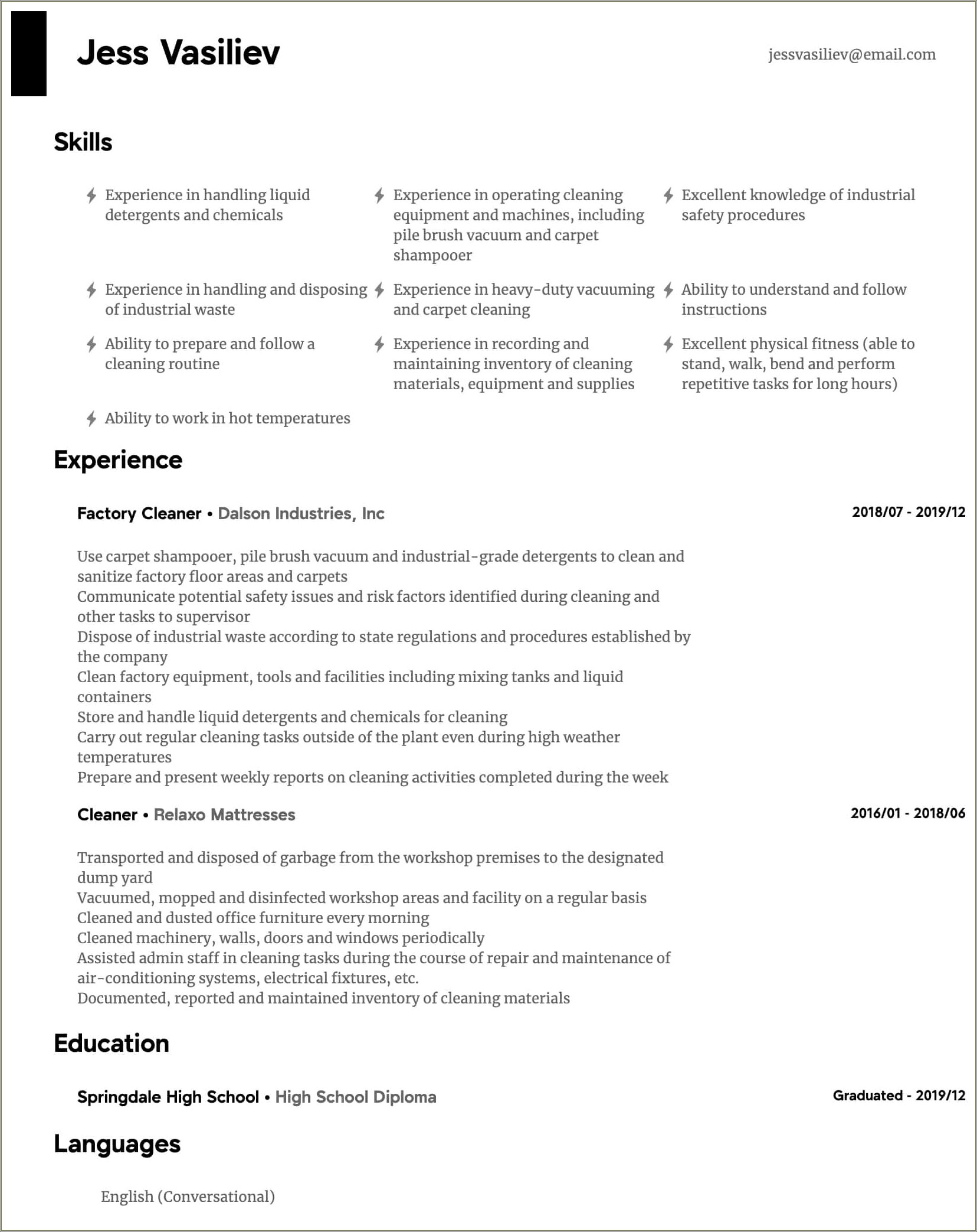House Cleaning Service Manager Resume Sample
