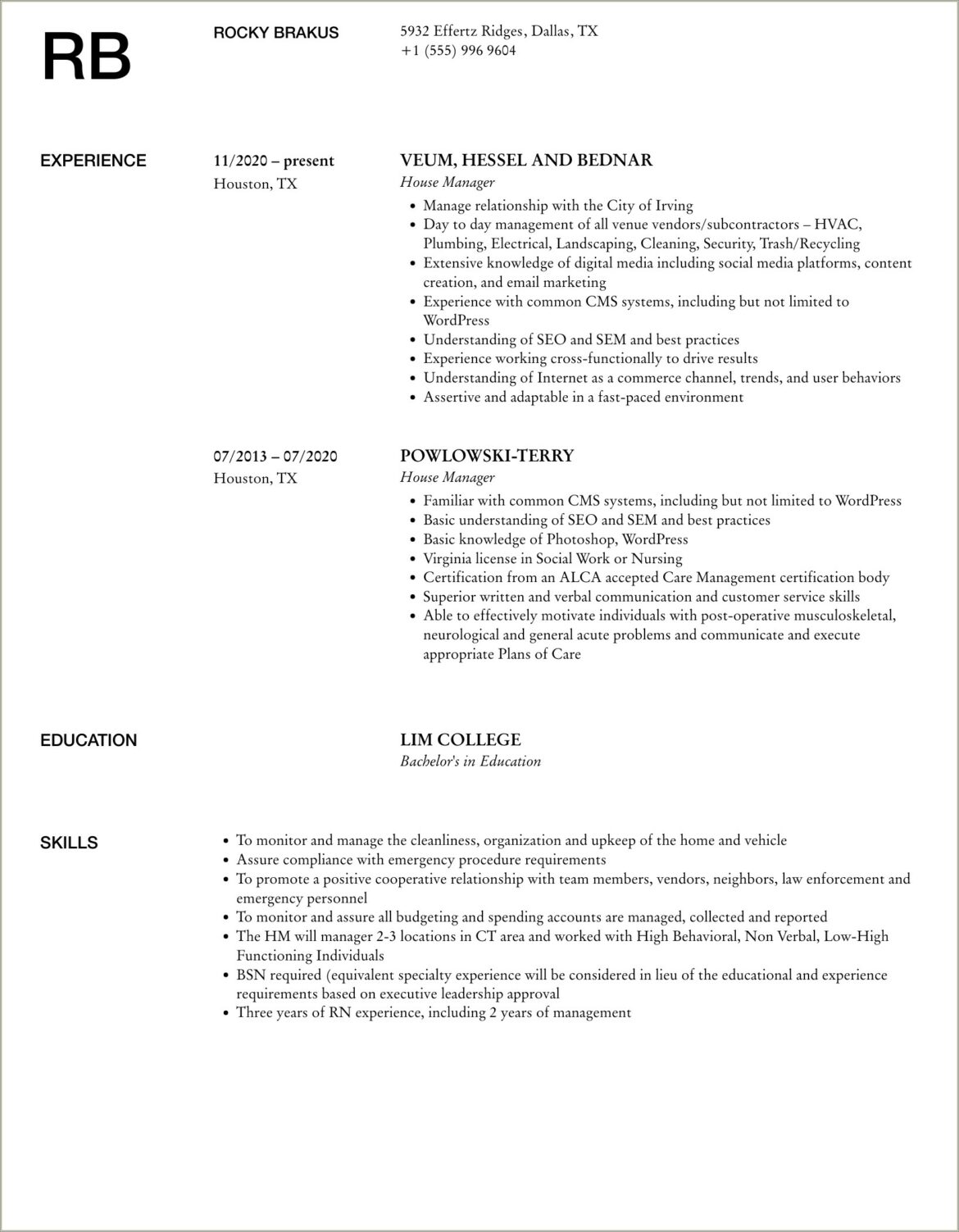 House Manager Of A Fraternity Resume