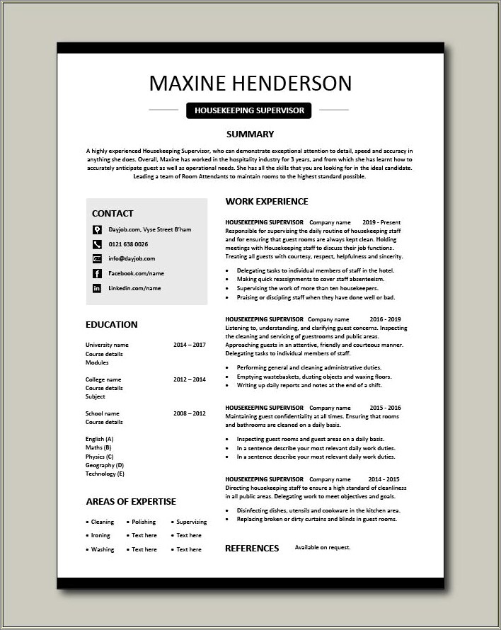 Housekeepern Job Description For Resume In Houses