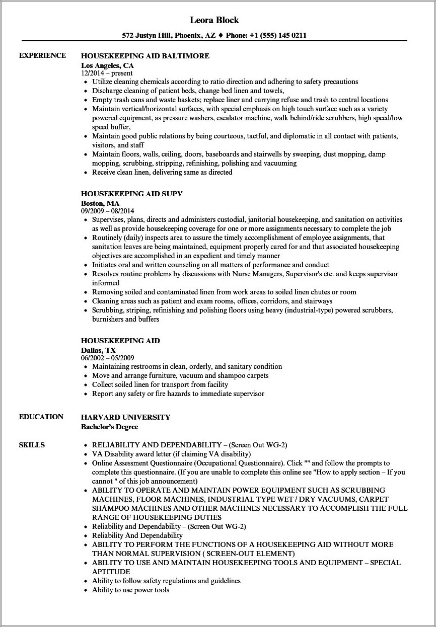 Housekeeping Supervisor Job Description For Resume