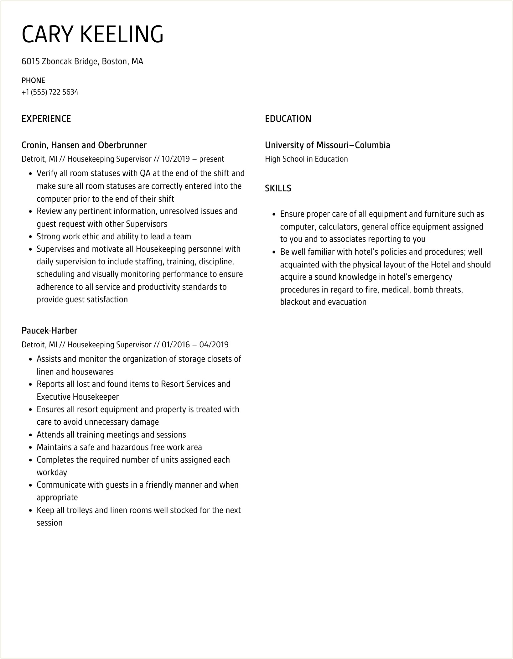Housekeeping Supervisor Resume Cleaning Example Sample Guest Dayjob