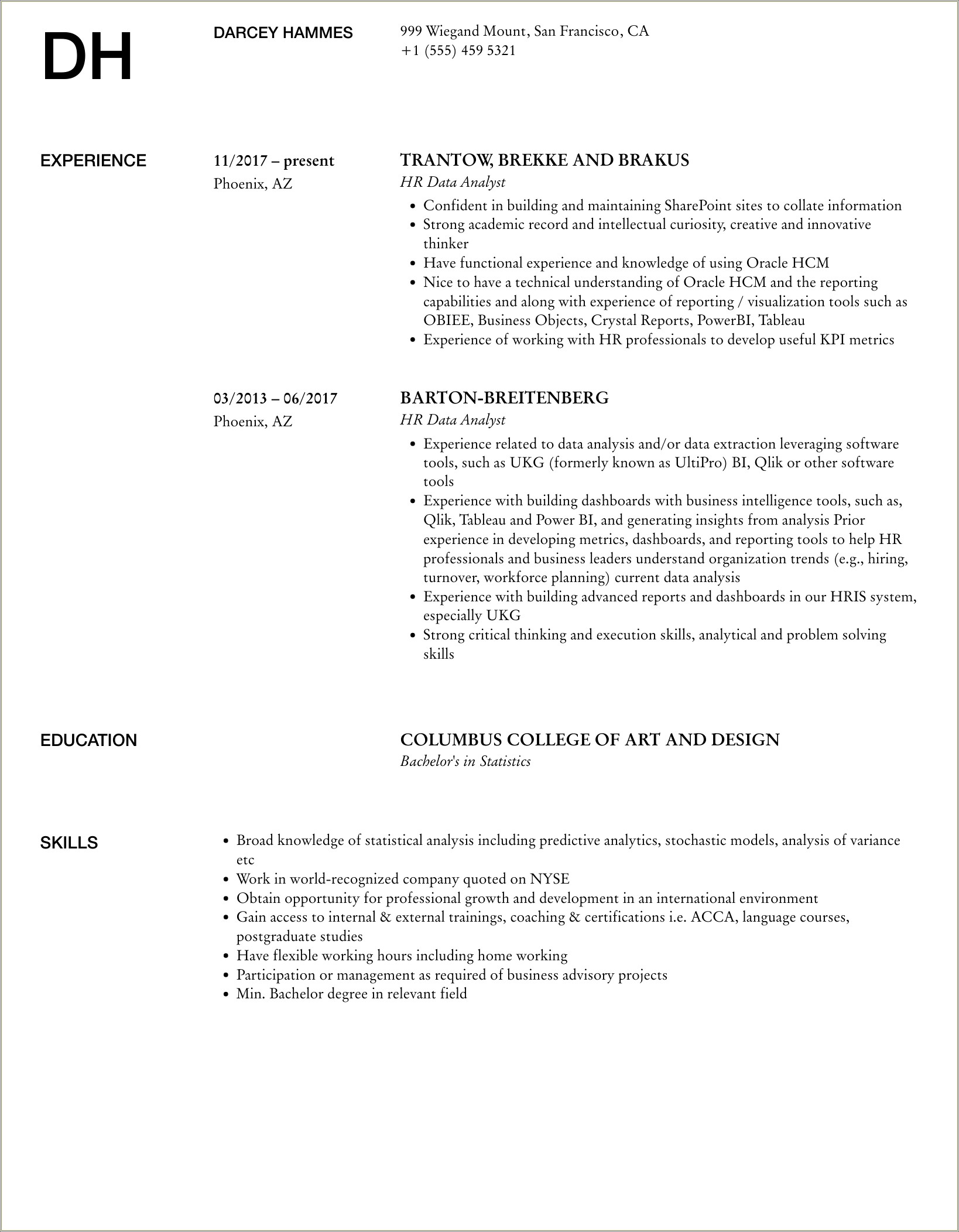 Hr Data Analyst And Reporter Sample Resume Pdf