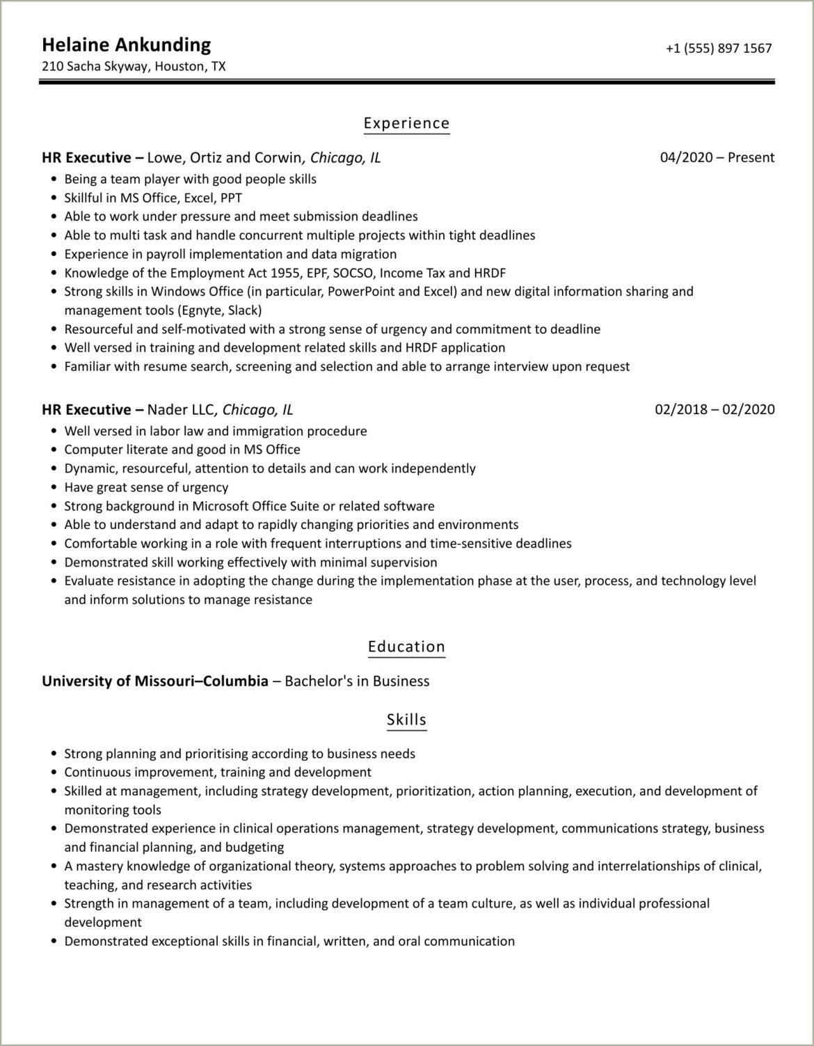 Hr Executive 1 Year Experience Resume