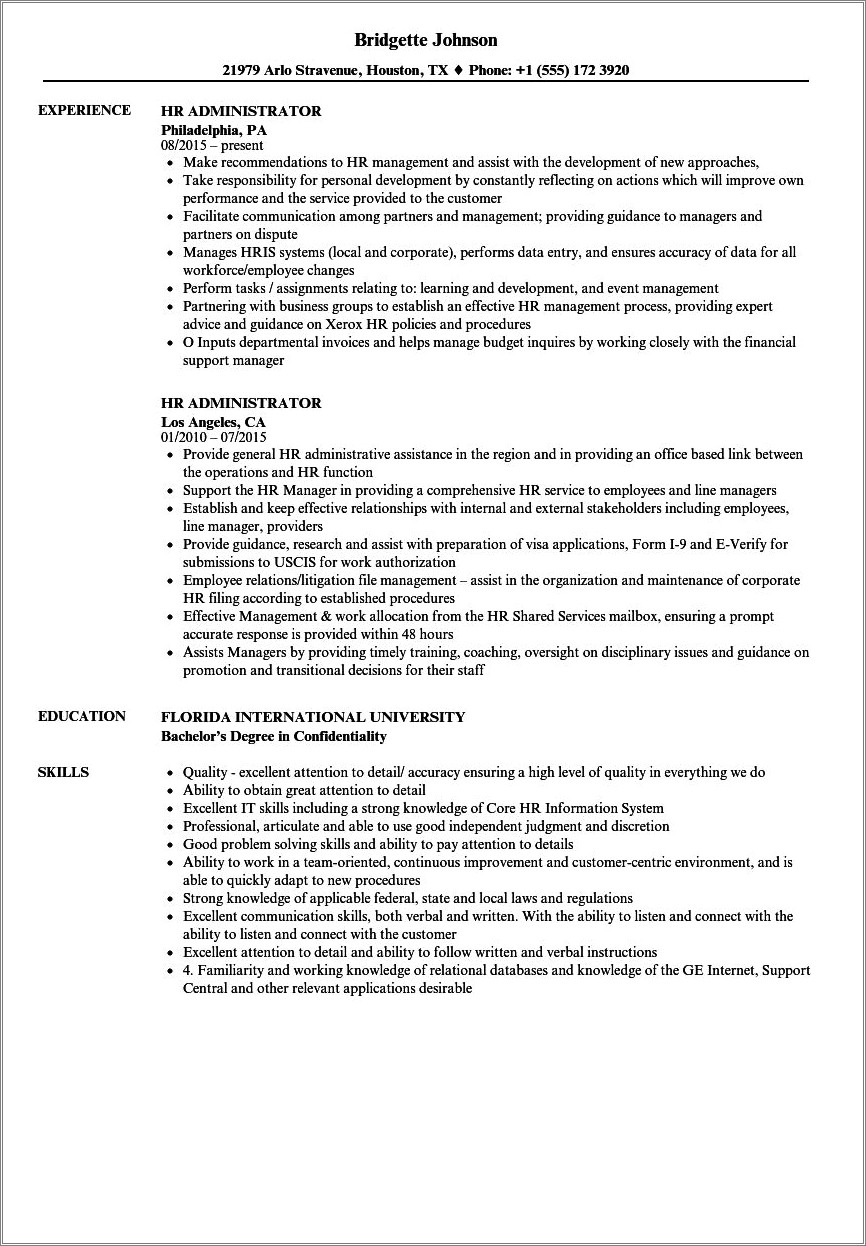 Hr Executive Support Administrator Resume Summary