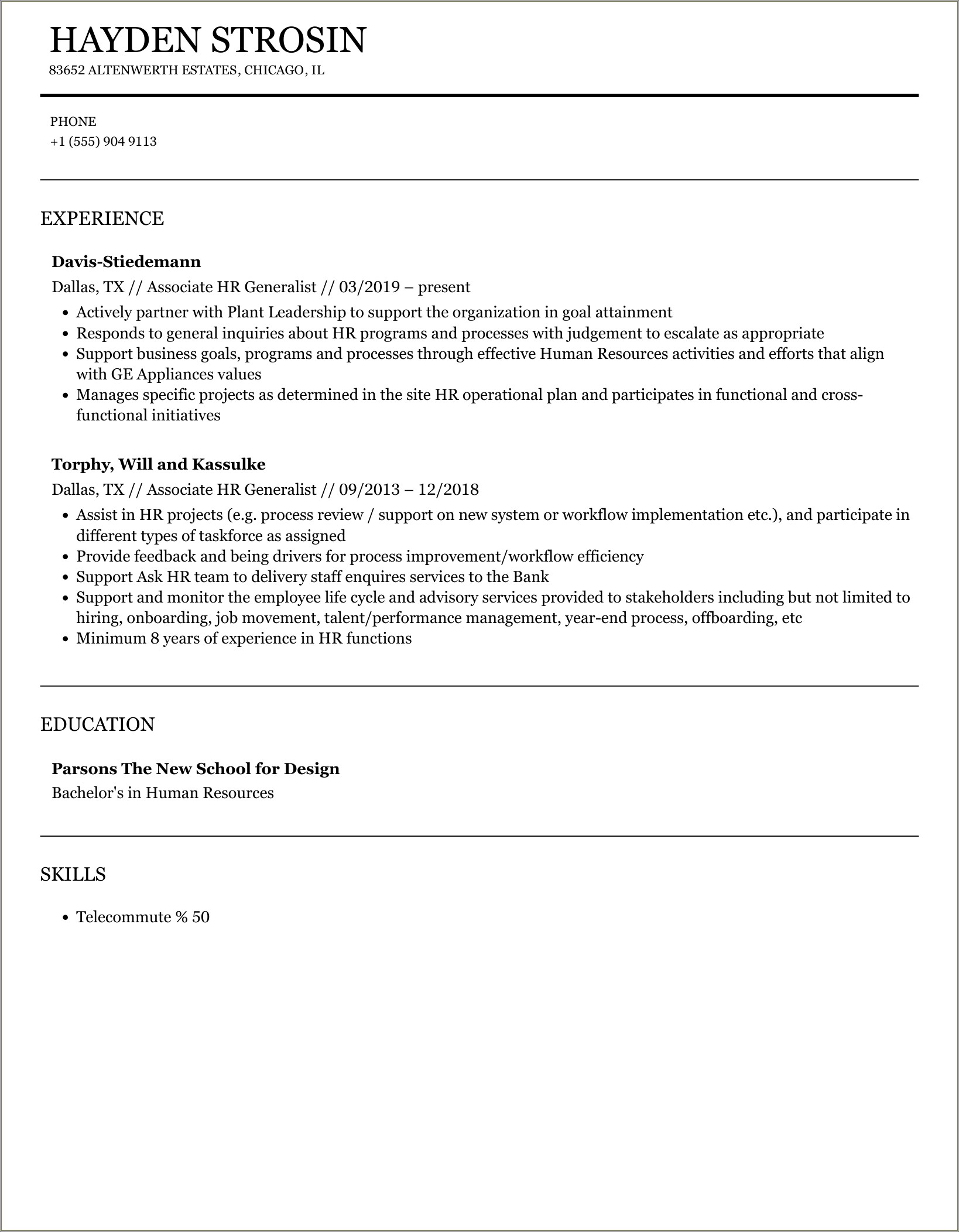 Hr Generalist Resume With 1 Years Experience