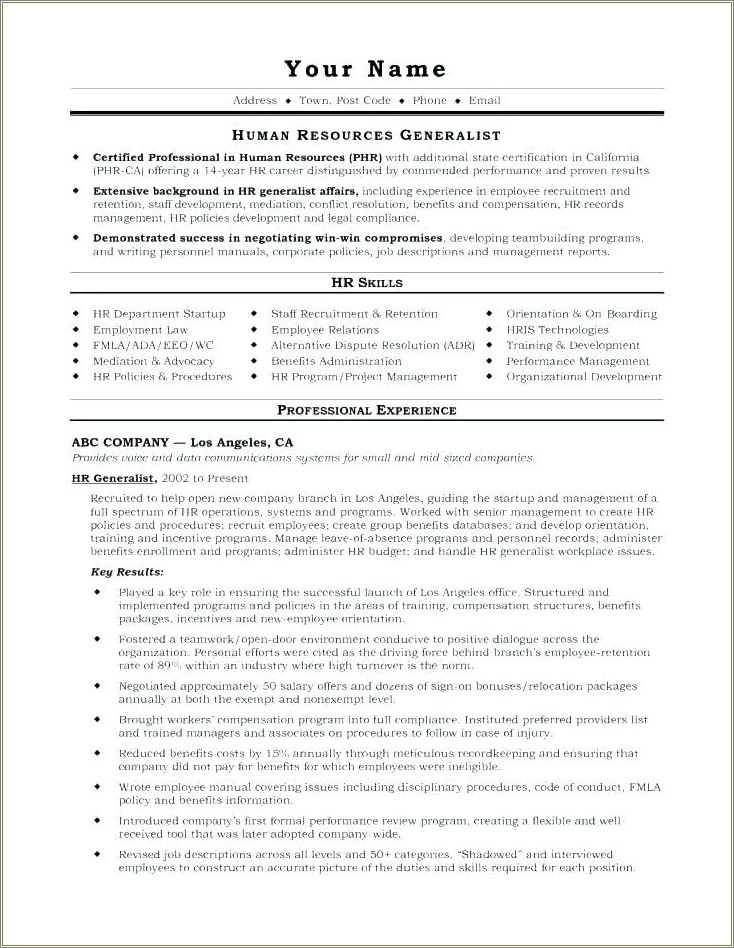 Hr Manager Job Description For Resume