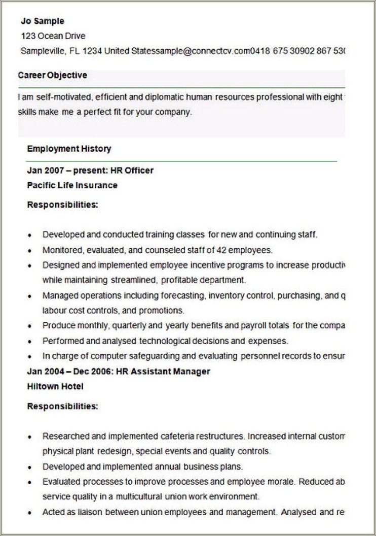 Hr Manager With Union Experience Resume