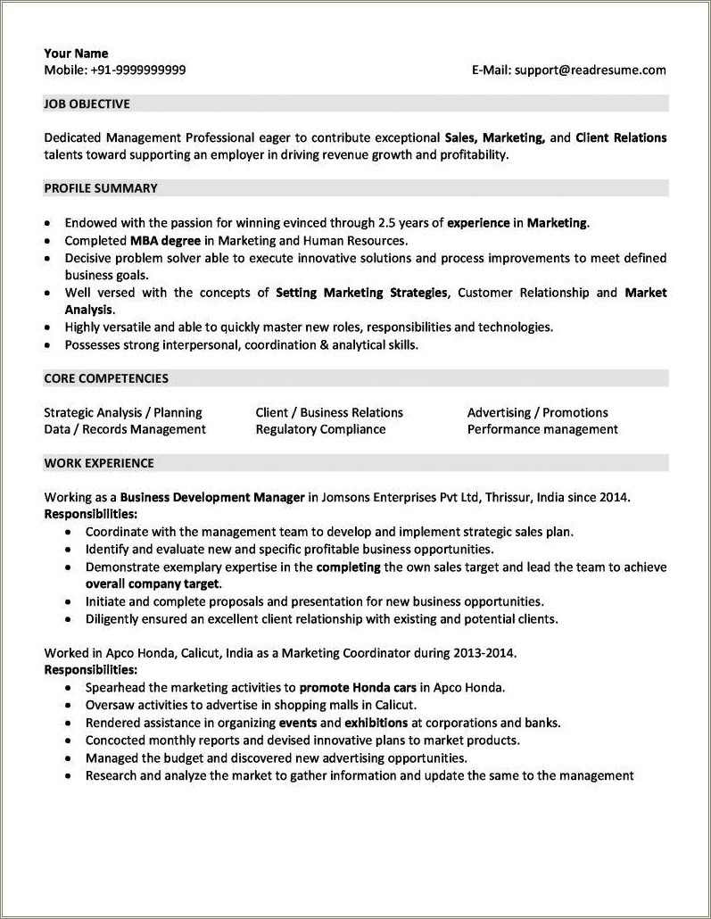 Hr Resume Sample For 2 Years Experience