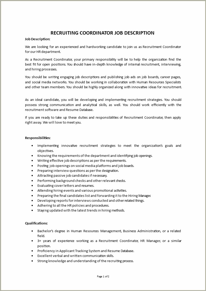 Human Resource Coordinator Job Description For Resume