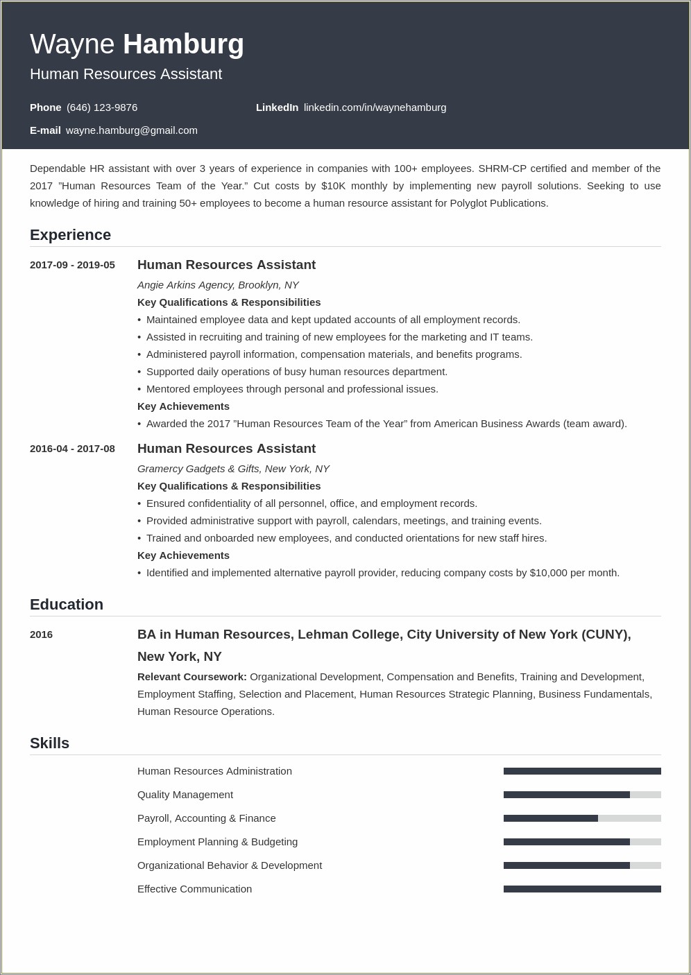 Human Resource Key Skills For Resume