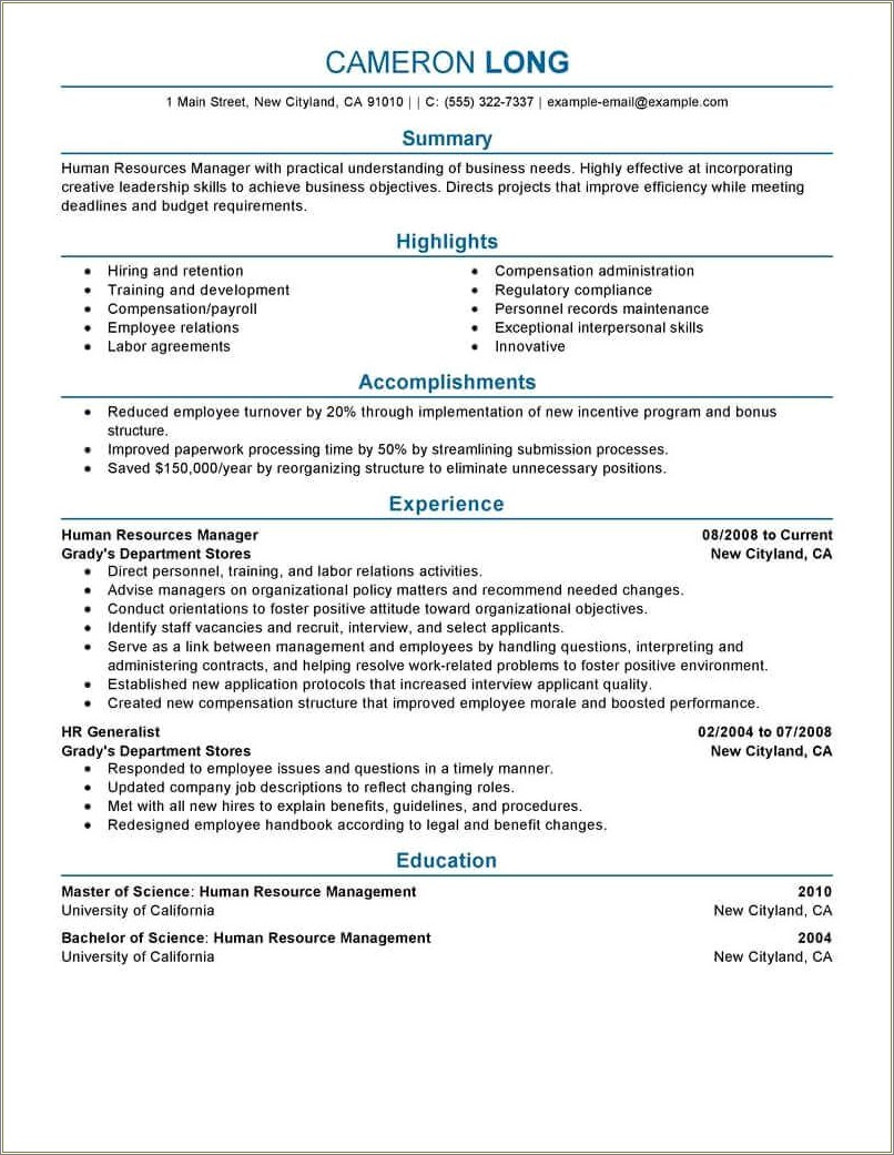 Human Resource Manager Duties And Responsibilities Resume