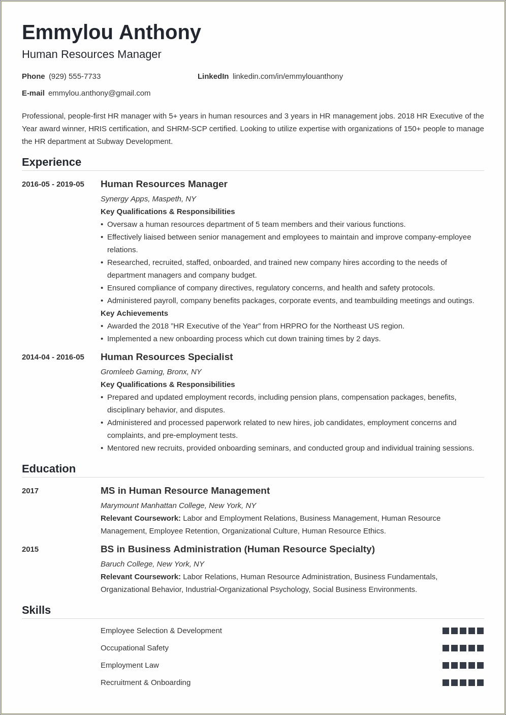 Human Resource Summary Of Qualifications Resume