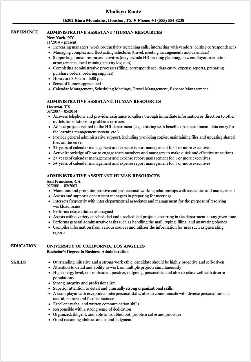 Human Resources Administrative Assistant Resume Sample
