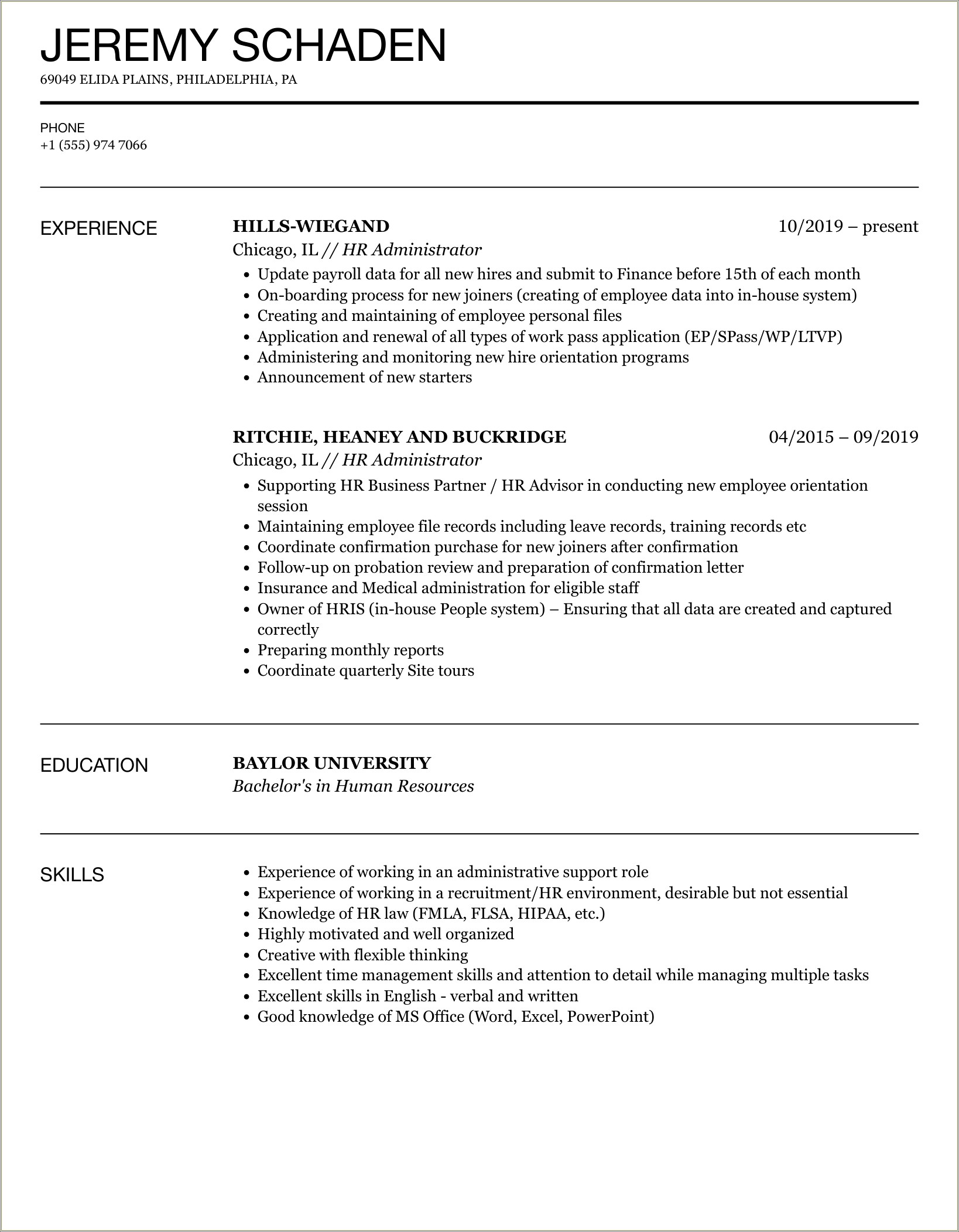 Human Resources Administrative Responsibilities And Resume Summary Samples