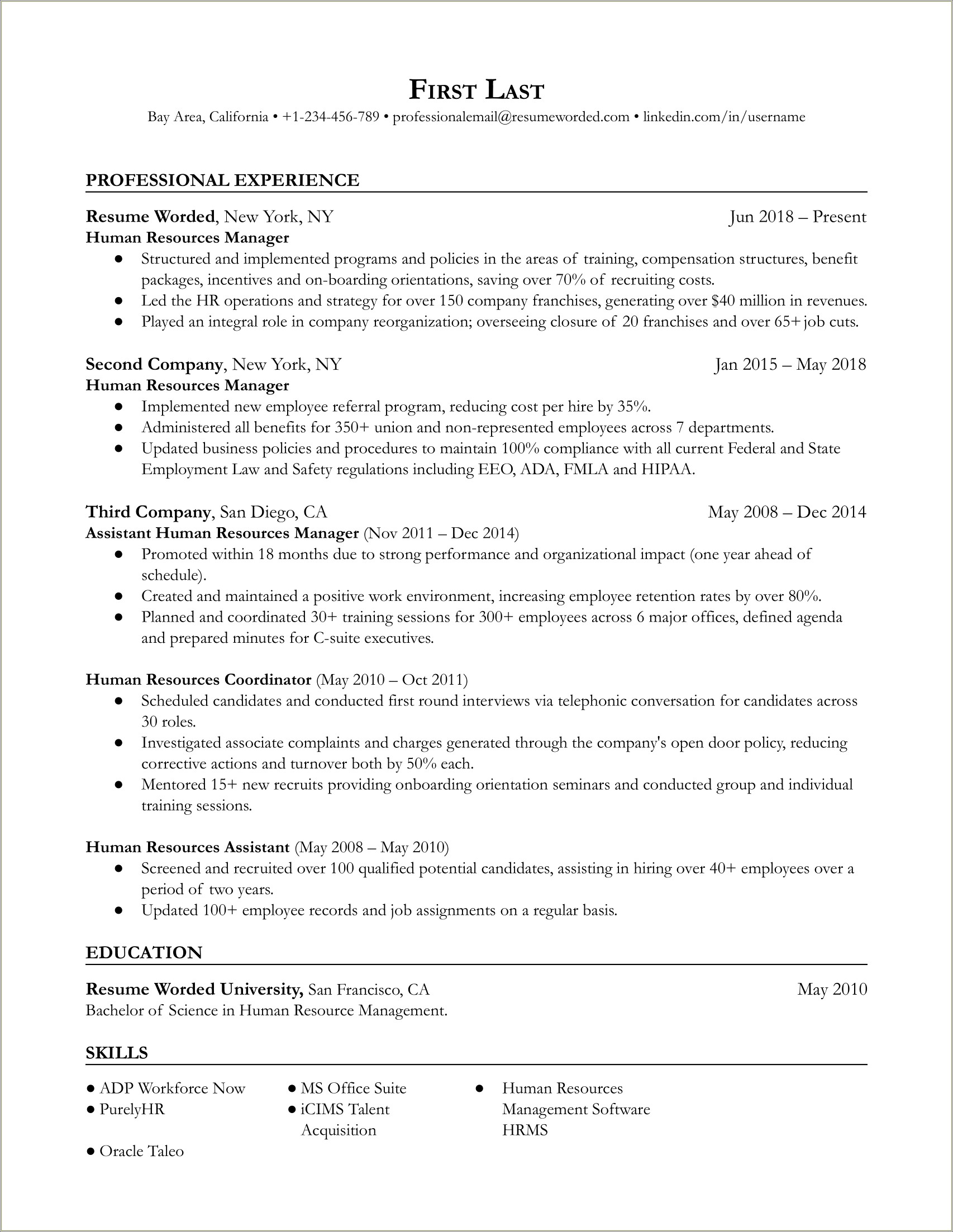 Human Resources And Work Force Resume