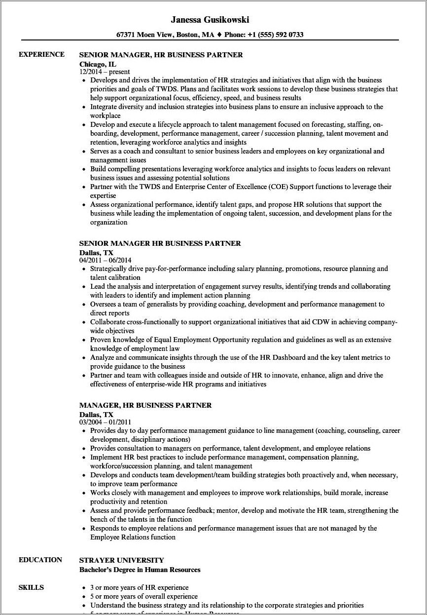 Human Resources Business Partner Resume Objective